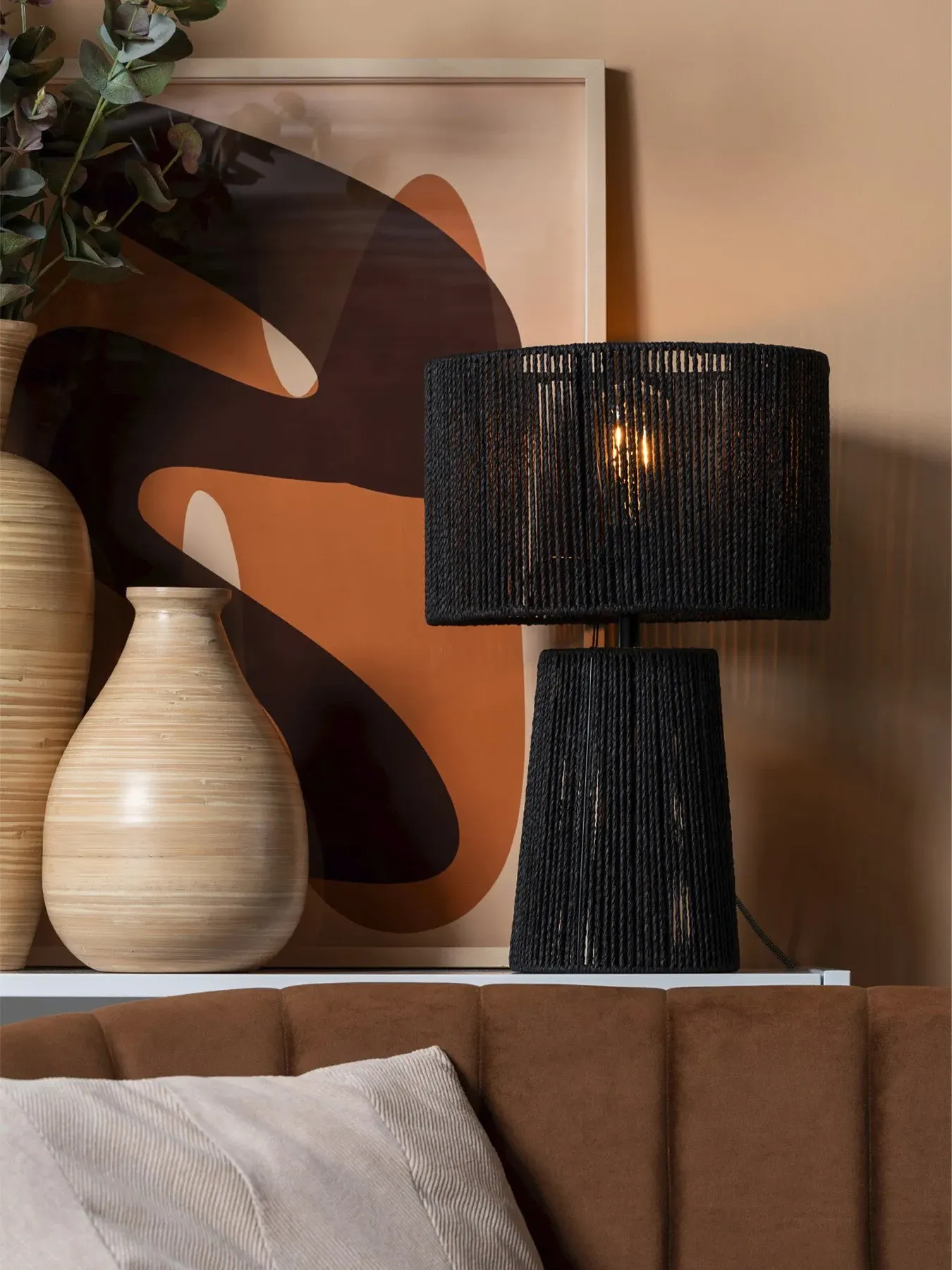Table Lamp with Woven Design - Black, Paper Rope