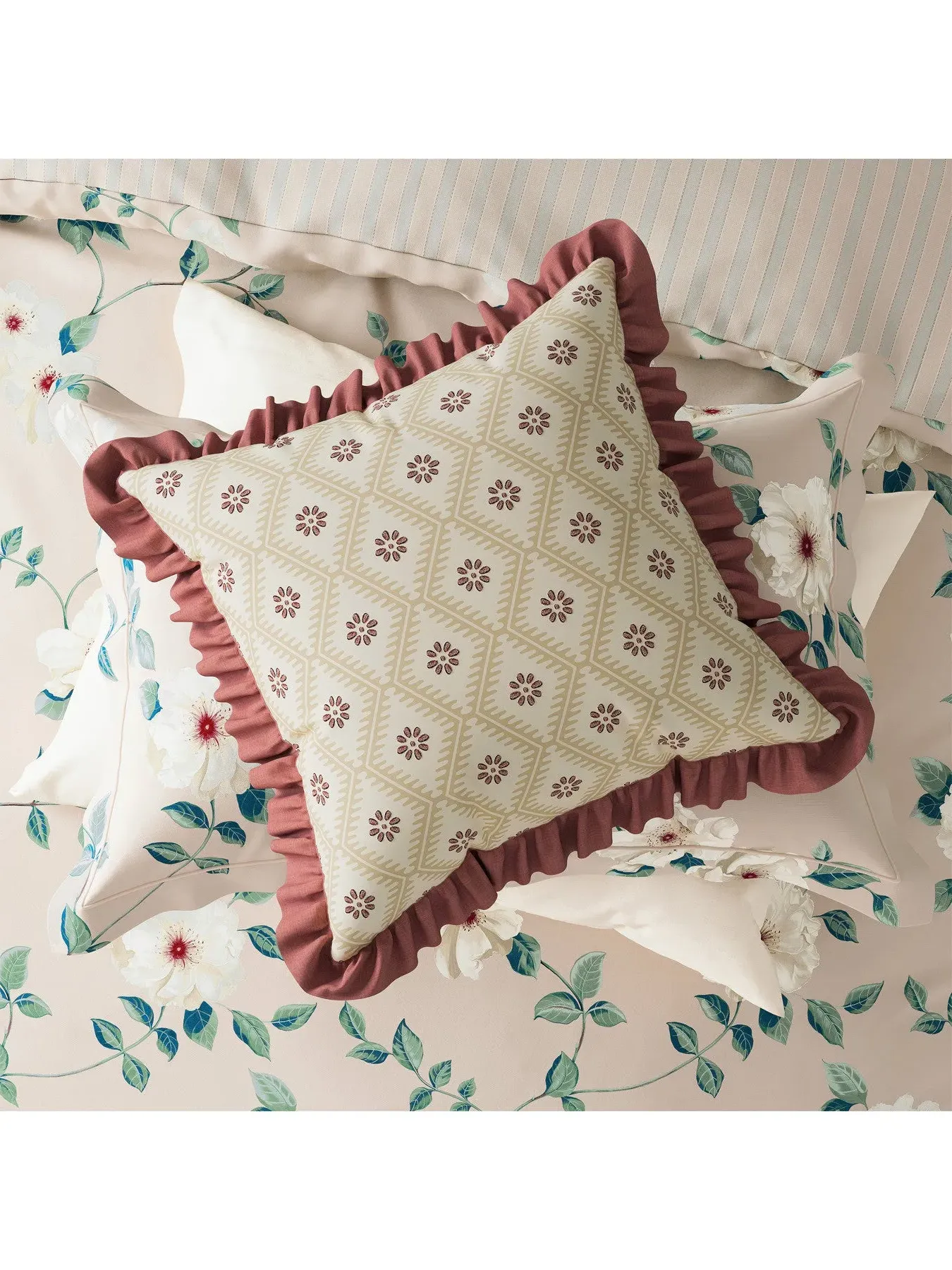 Square Cushion with Rose Print - Blush