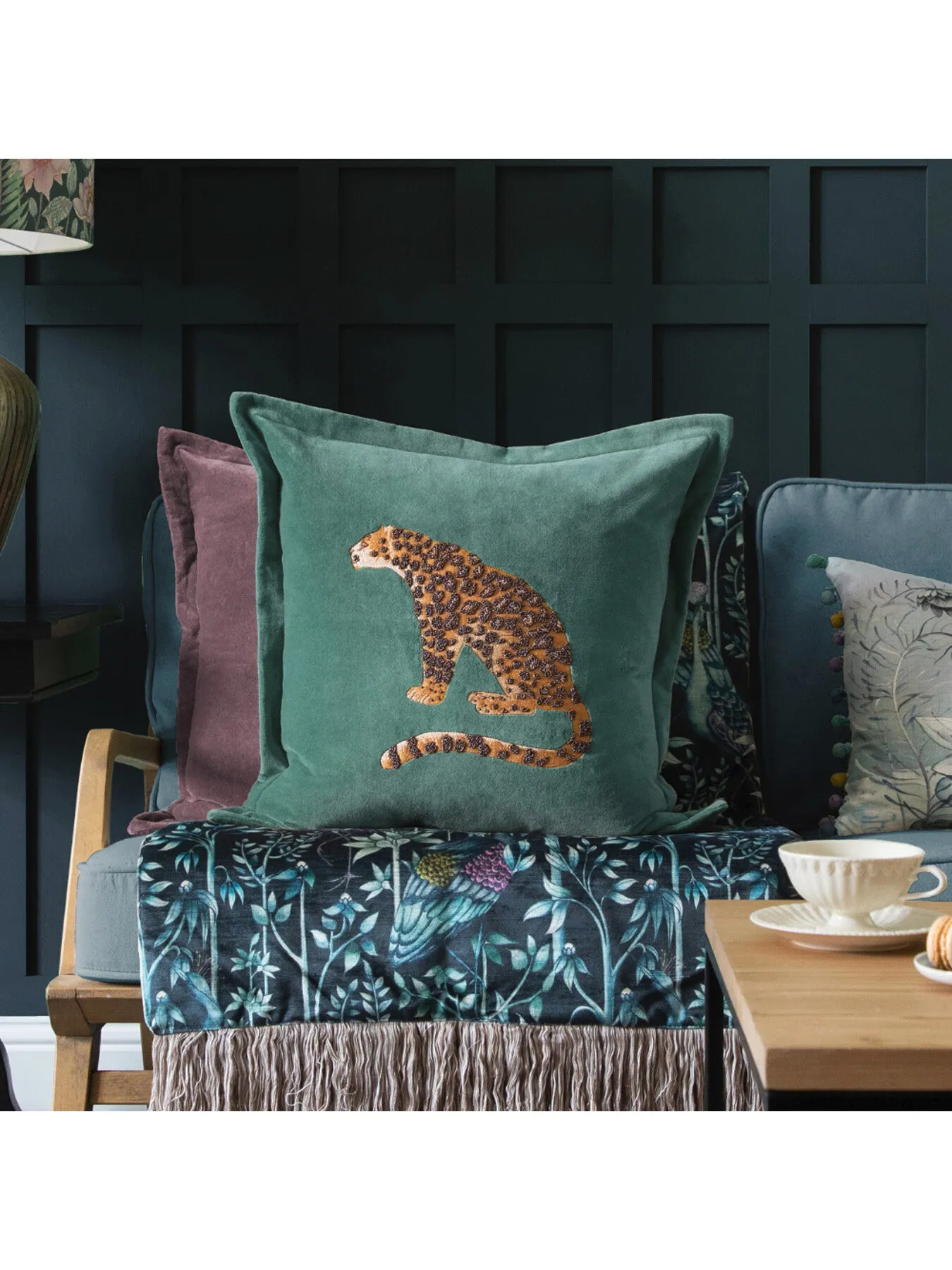 Square Cushion with Embroidery - Aqua, Velvet