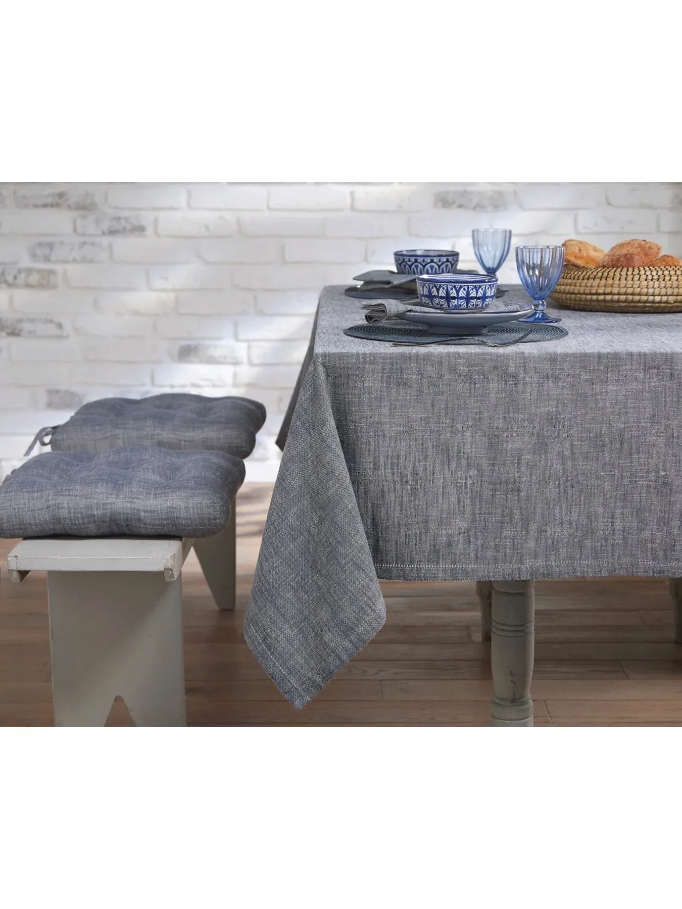 Round Tablecloth with Border - Blue, Cotton
