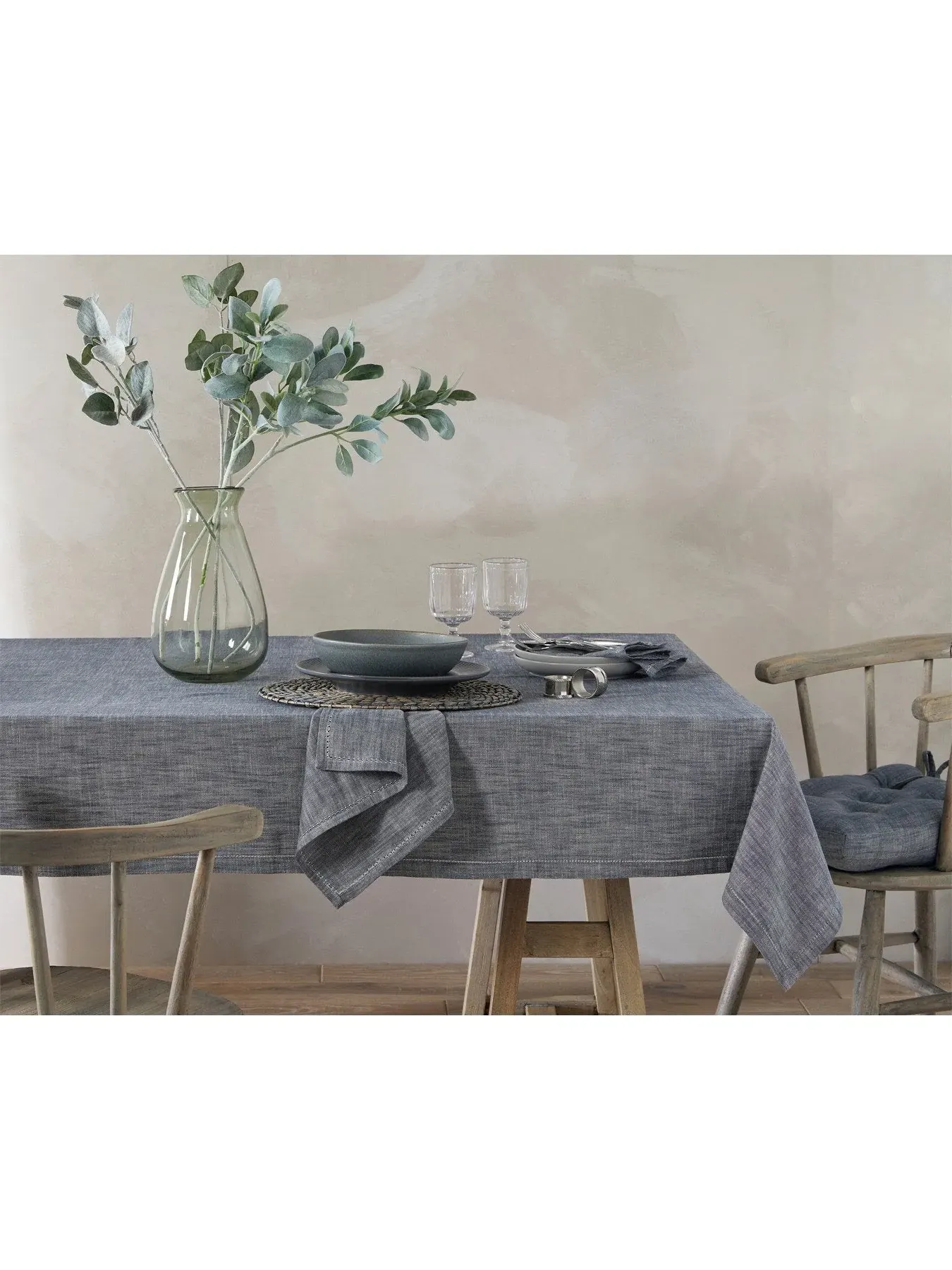 Round Tablecloth with Border - Blue, Cotton