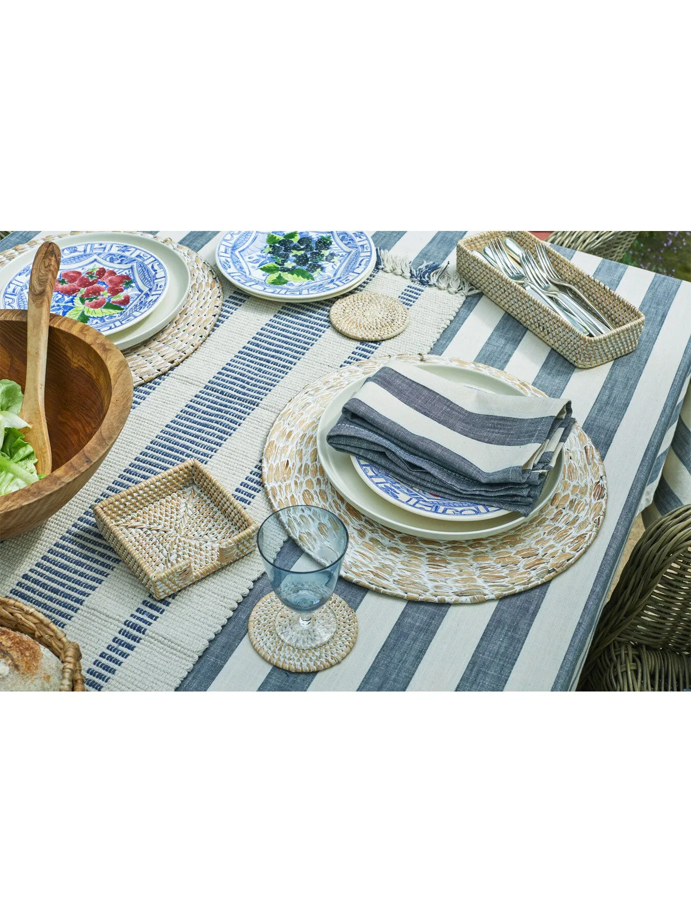 Wide Stripe Tablecloth - Flint Blue, Cotton