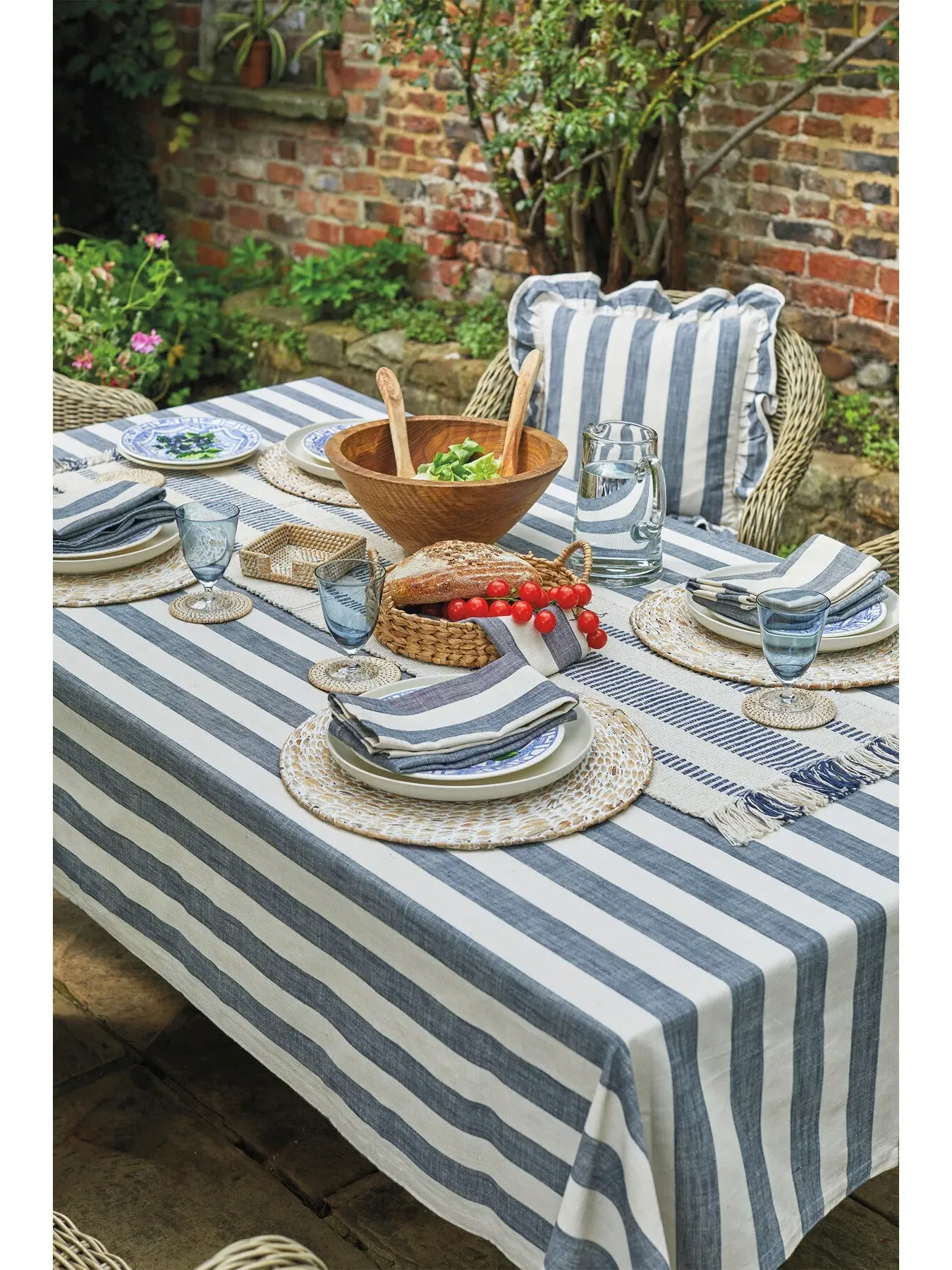 Wide Stripe Tablecloth - Flint Blue, Cotton