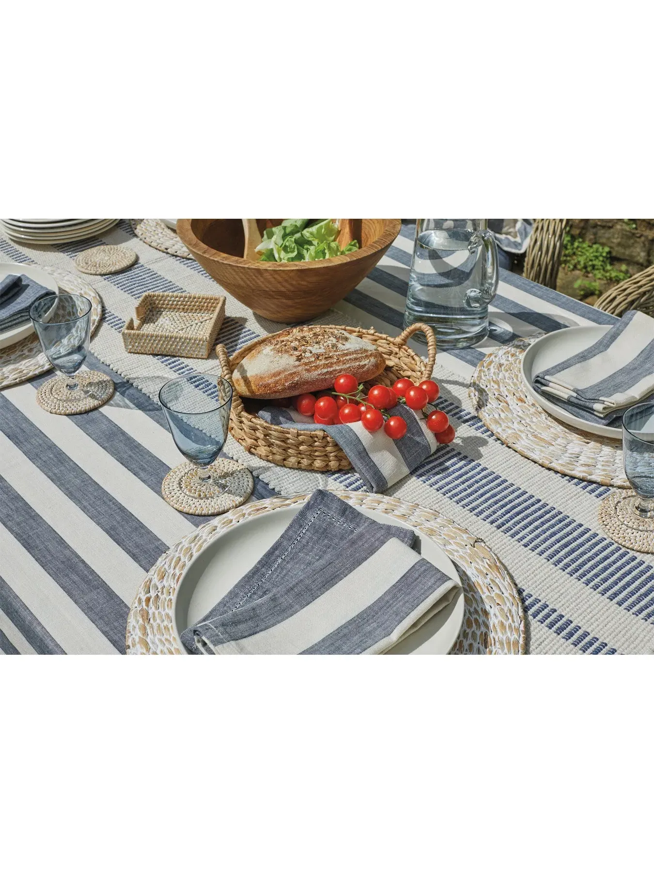 Wide Stripe Tablecloth - Flint Blue, Cotton
