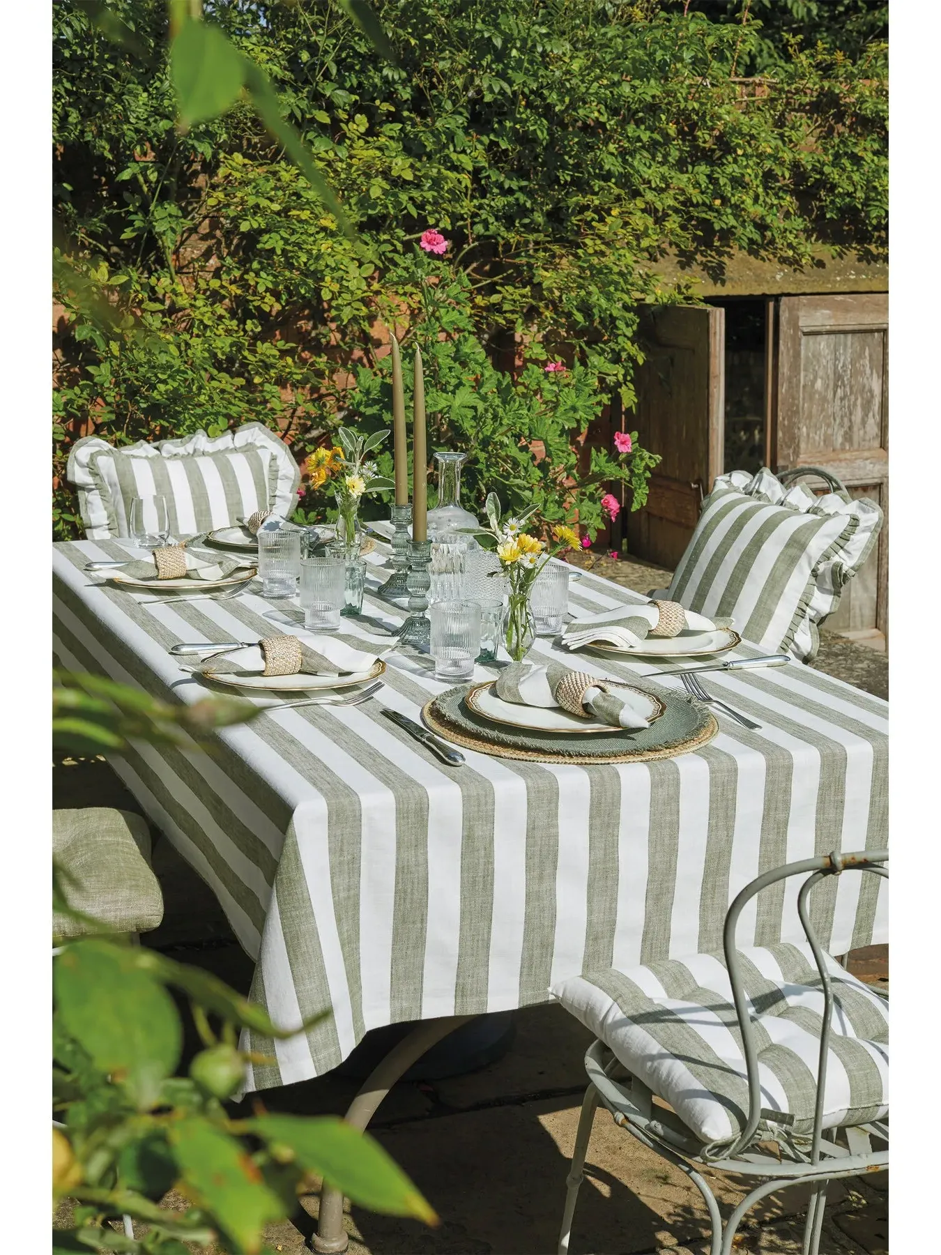Wide Stripe Tablecloth - Olive, Cotton