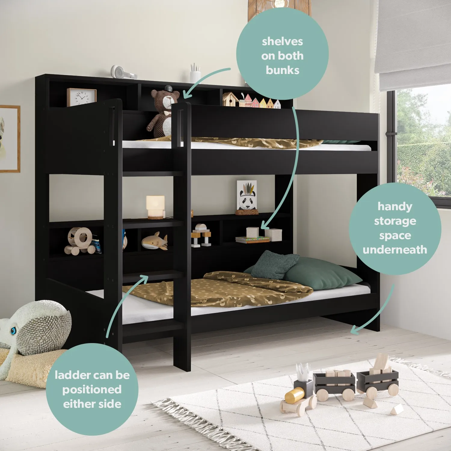 Bunk Bed with Storage Shelves - Black, Wood