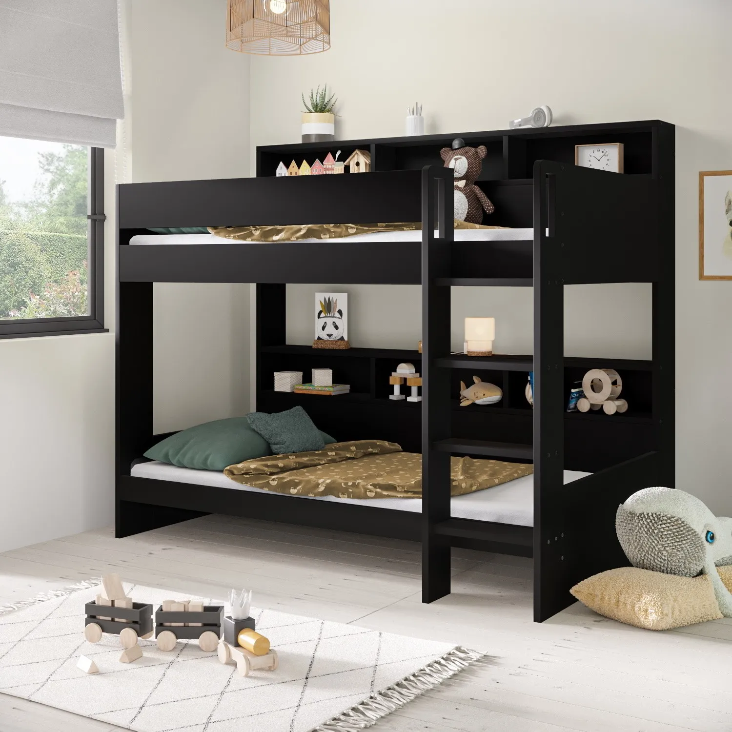 Bunk Bed with Storage Shelves - Black, Wood