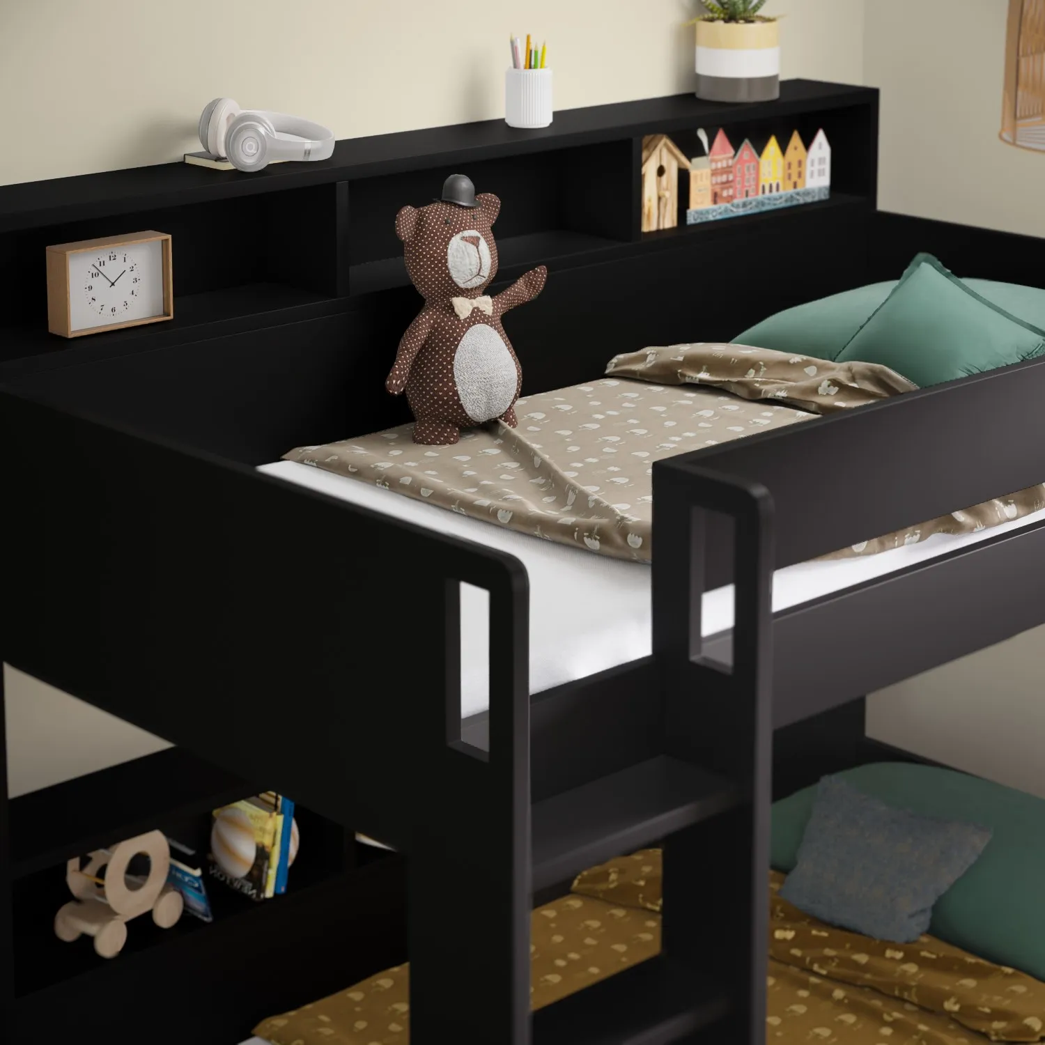Bunk Bed with Storage Shelves - Black, Wood