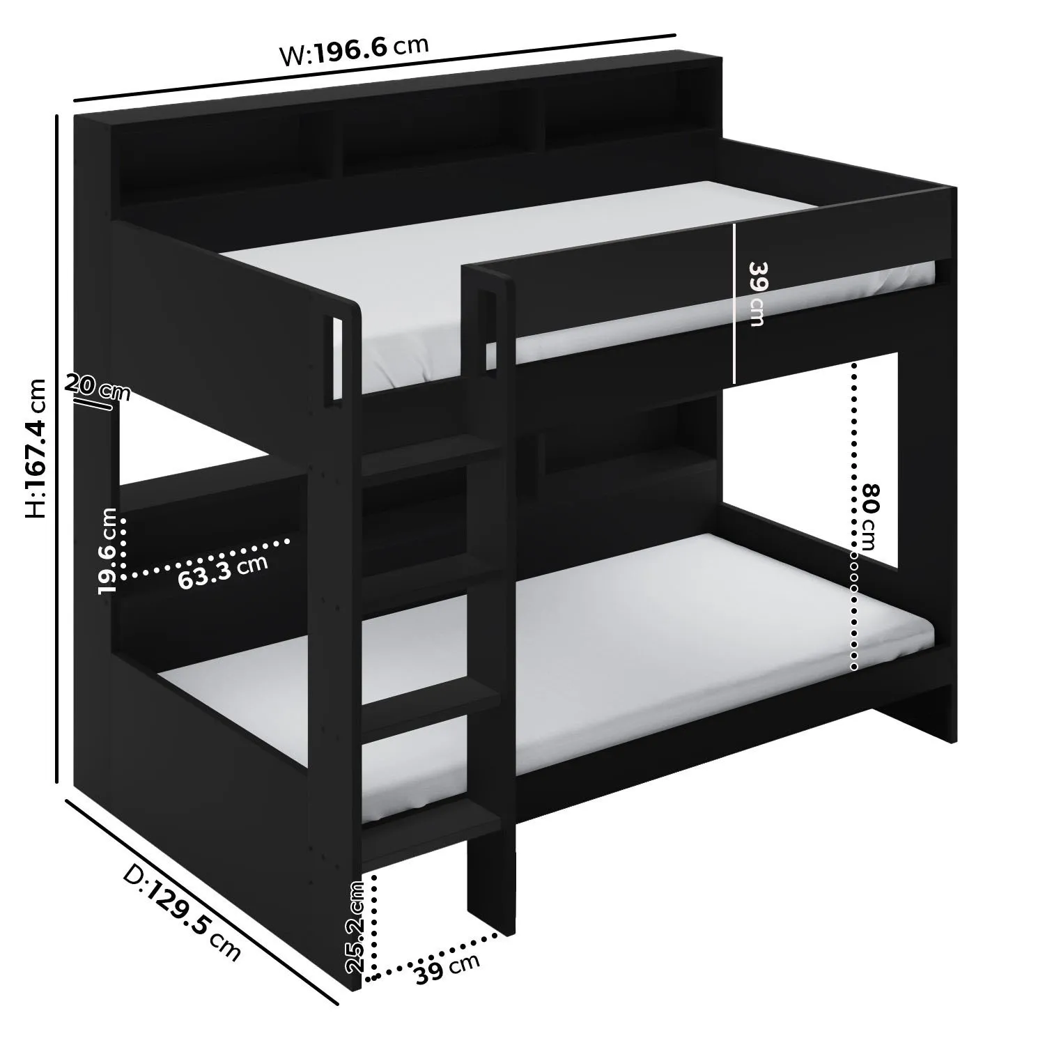 Bunk Bed with Storage Shelves - Black, Wood