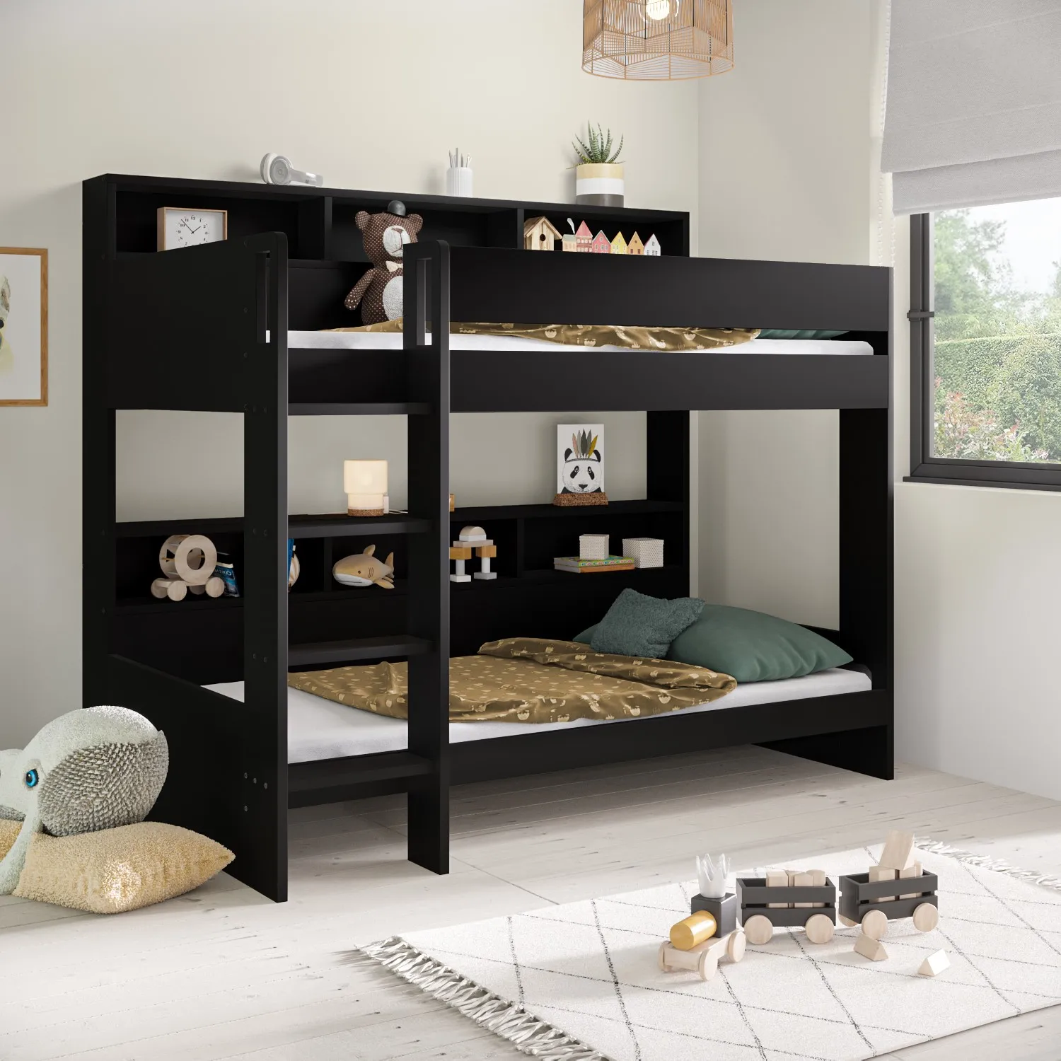 Bunk Bed with Storage Shelves - Black, Wood image