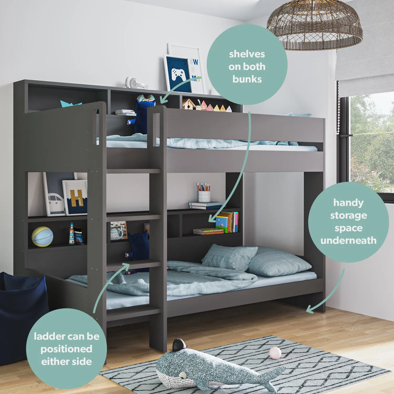 Bunk Bed with Storage Shelves - Grey, Wood