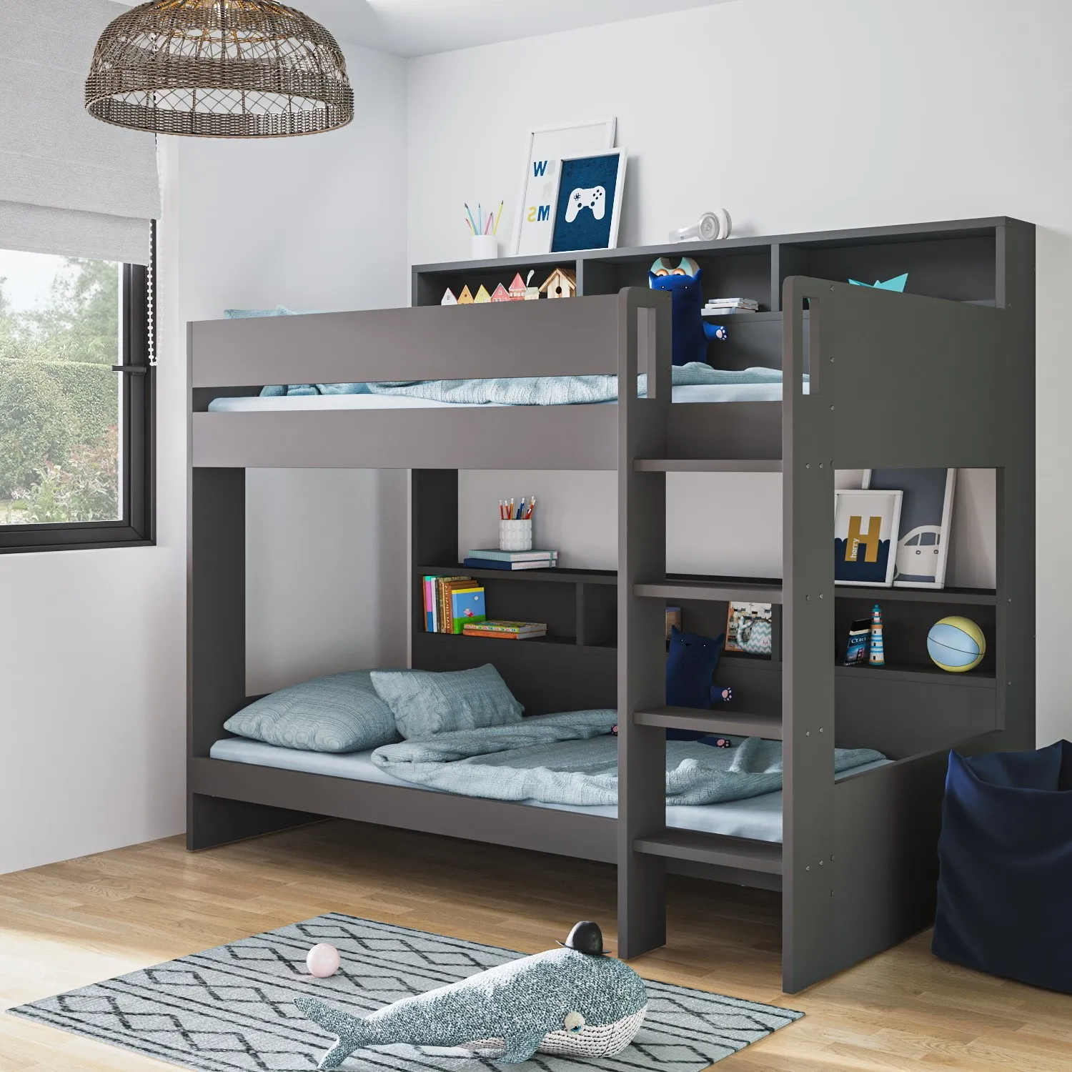 Bunk Bed with Storage Shelves - Grey, Wood