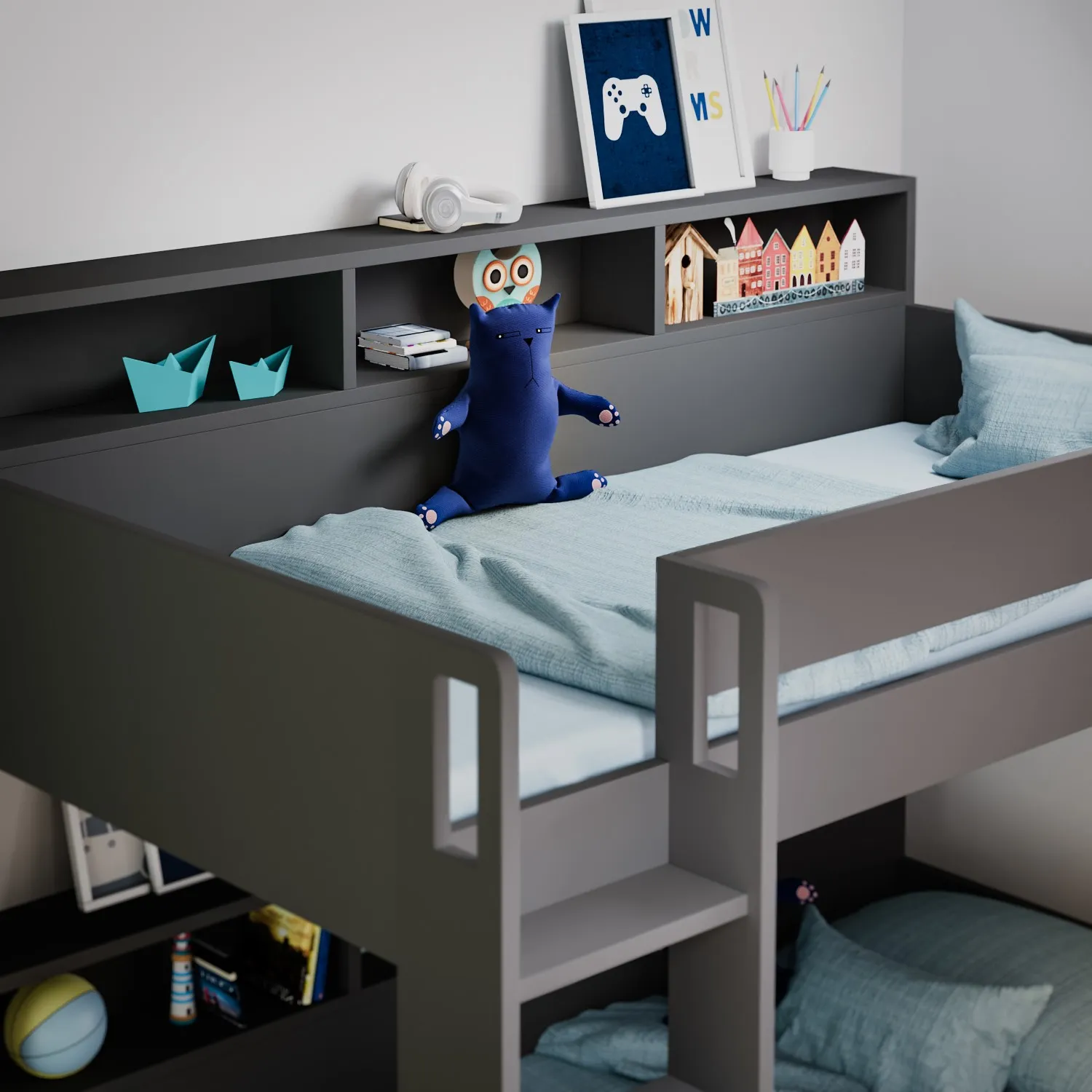 Bunk Bed with Storage Shelves - Grey, Wood
