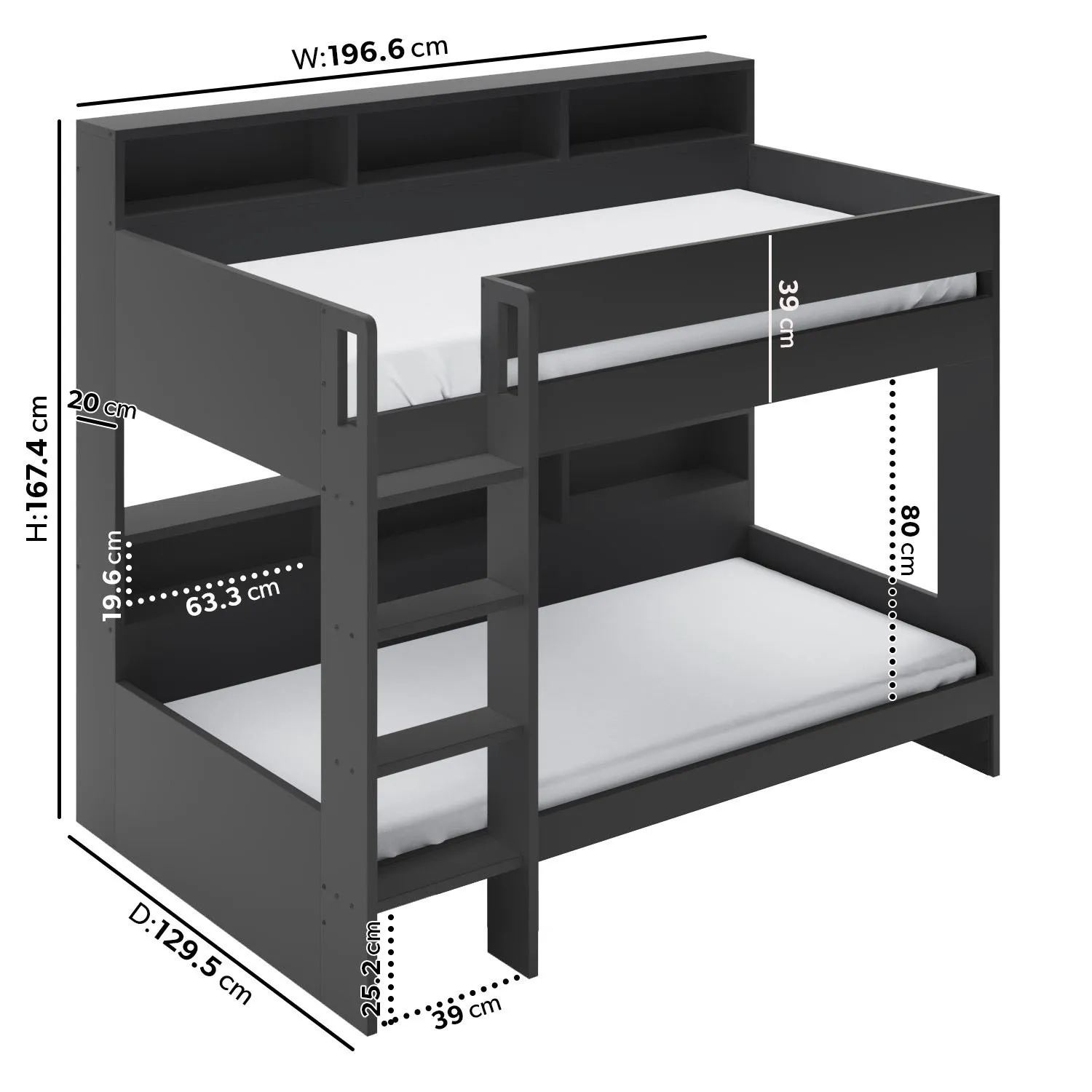Bunk Bed with Storage Shelves - Grey, Wood