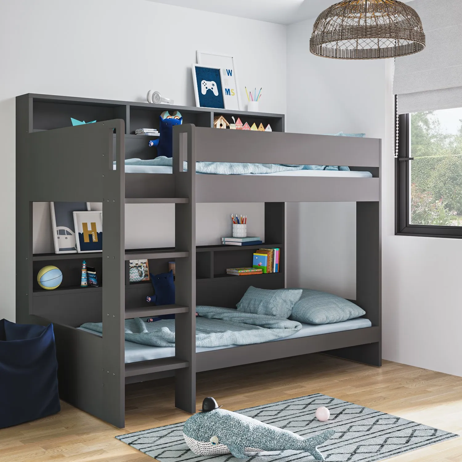 Bunk Bed with Storage Shelves - Grey, Wood image