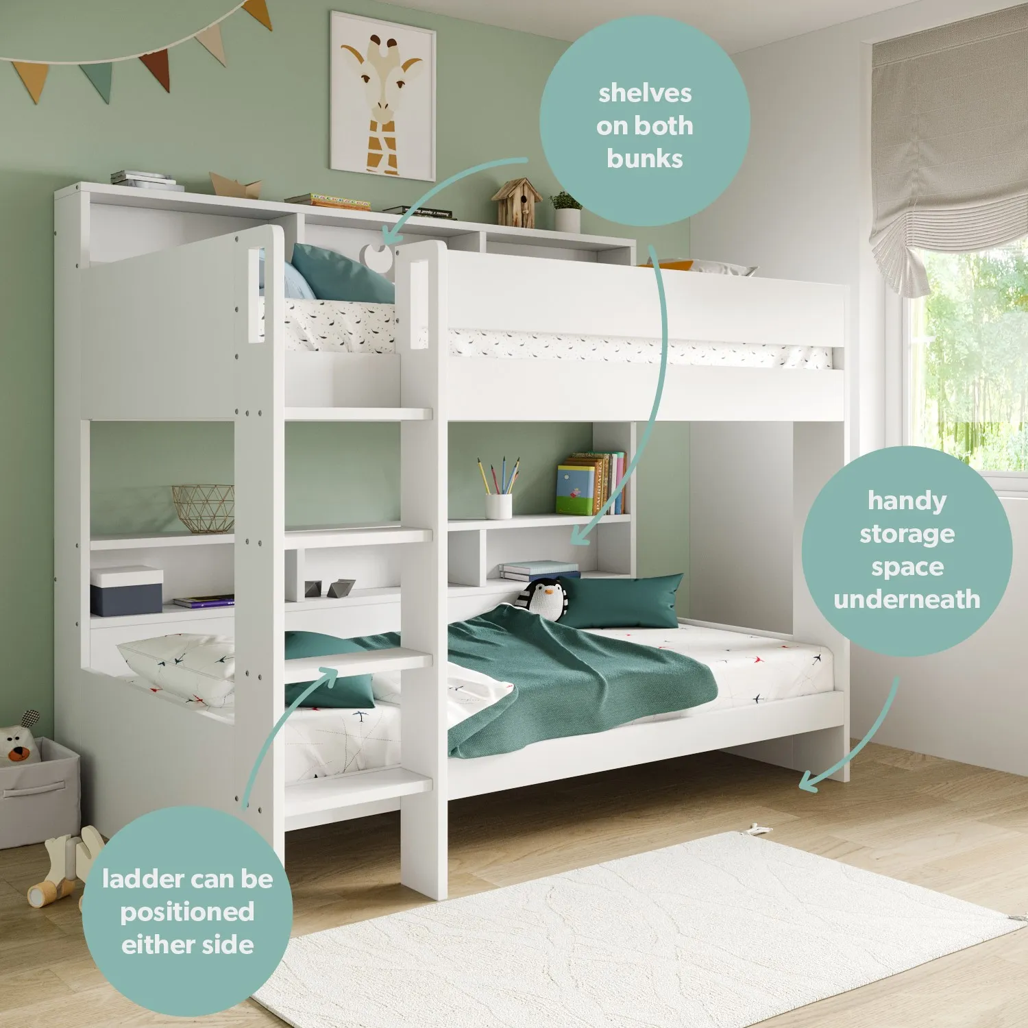 Bunk Bed with Storage Shelves - White, Wood