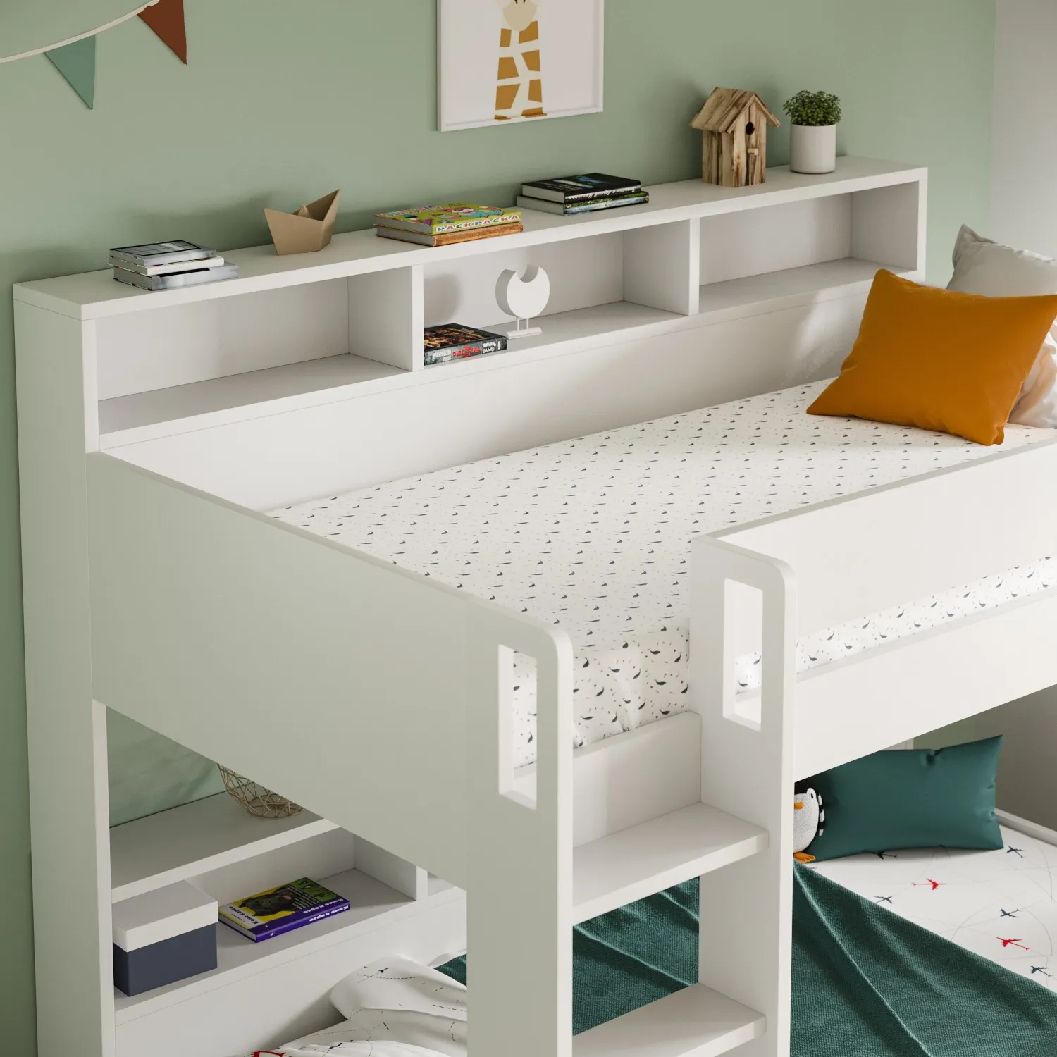Bunk Bed with Storage Shelves - White, Wood