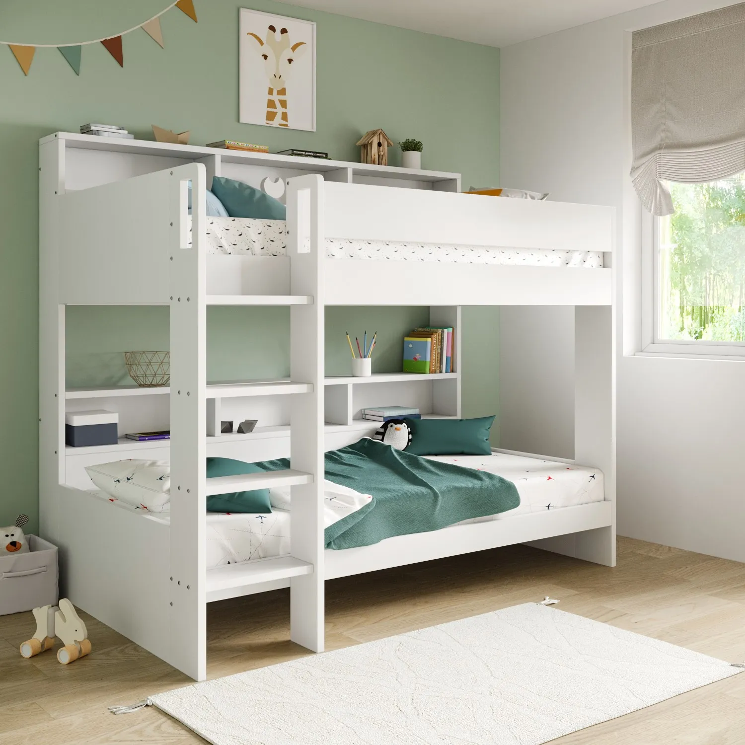 Bunk Bed with Storage Shelves - White, Wood