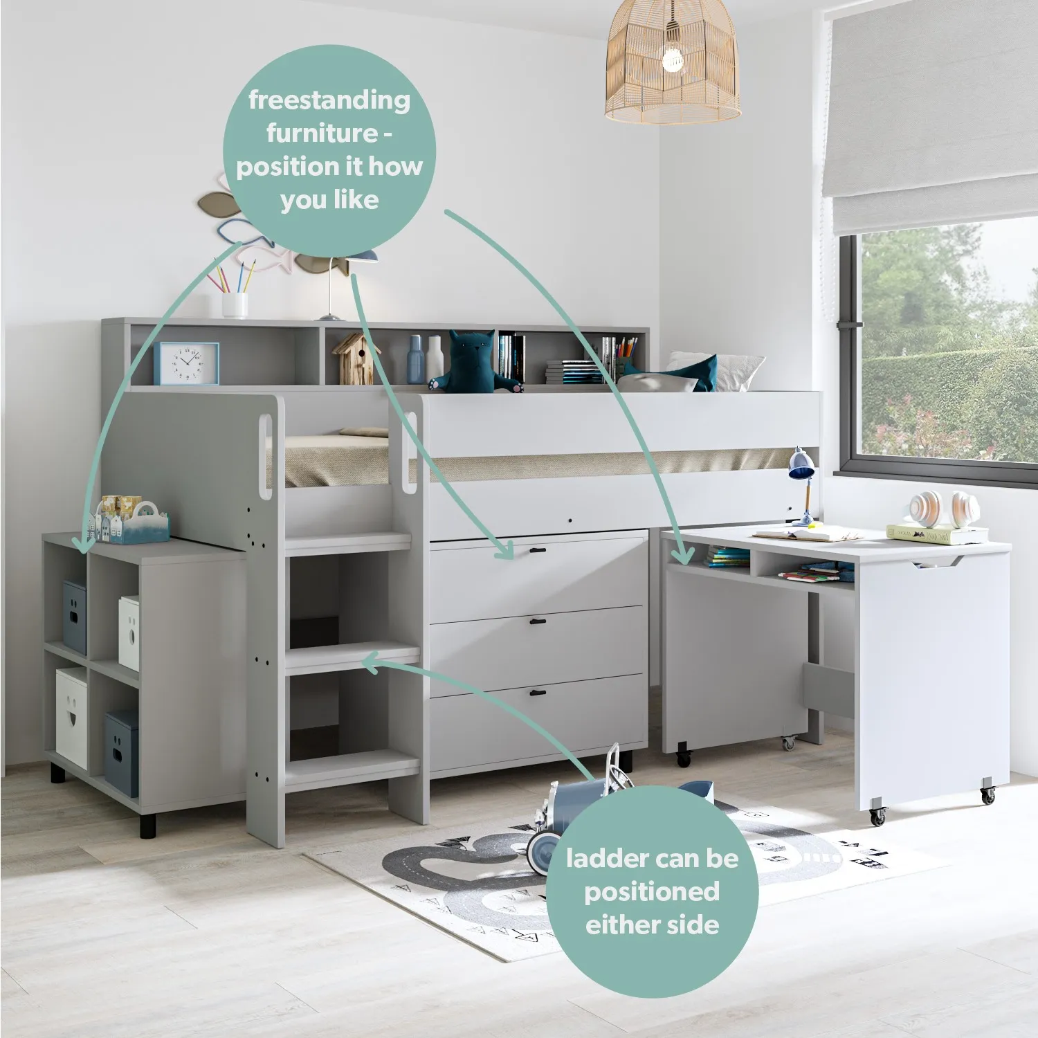 Mid Sleeper Cabin Bed with Desk - Grey, Wood