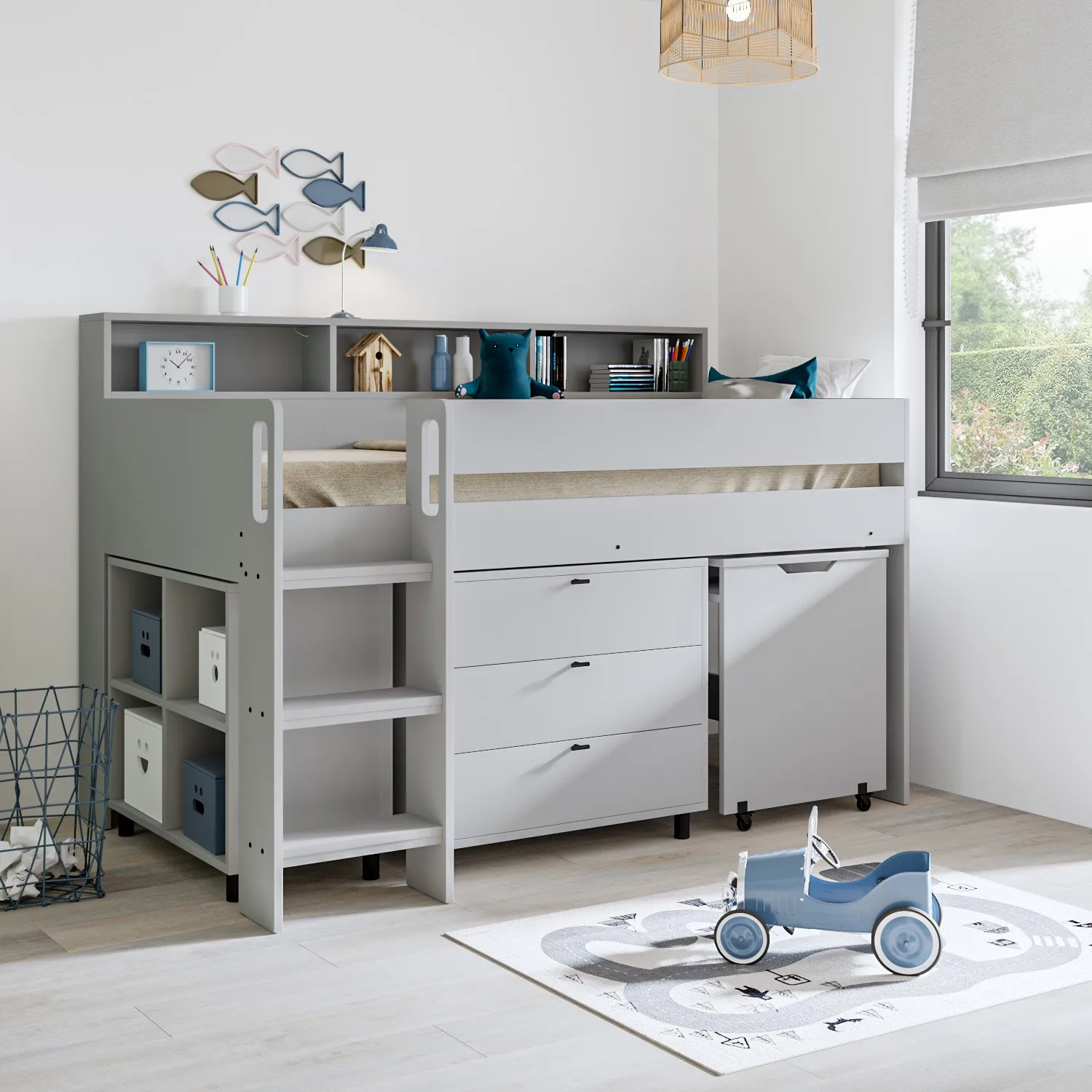Mid Sleeper Cabin Bed with Desk - Grey, Wood