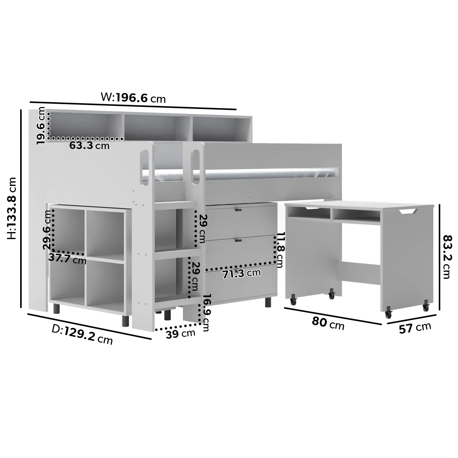 Mid Sleeper Cabin Bed with Desk - Grey, Wood