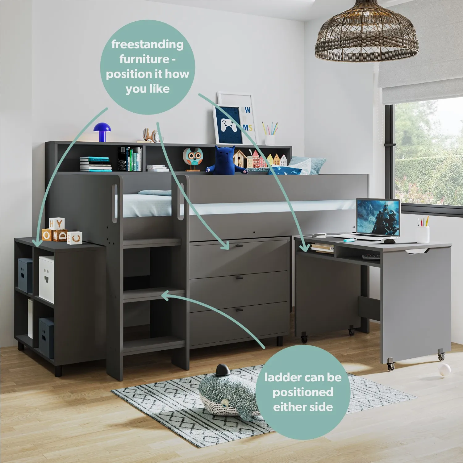 Mid Sleeper Cabin Bed with Desk - Grey, Wood