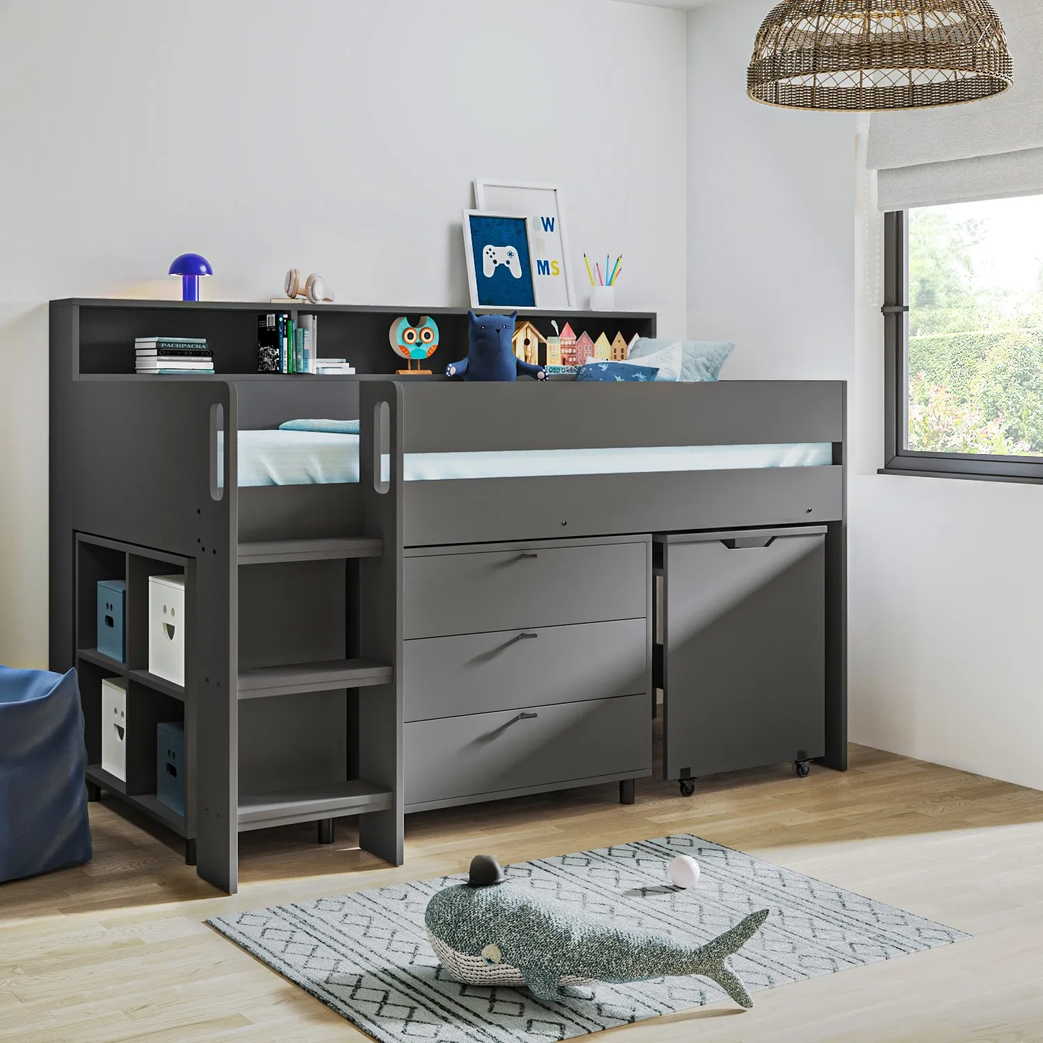 Mid Sleeper Cabin Bed with Desk - Grey, Wood