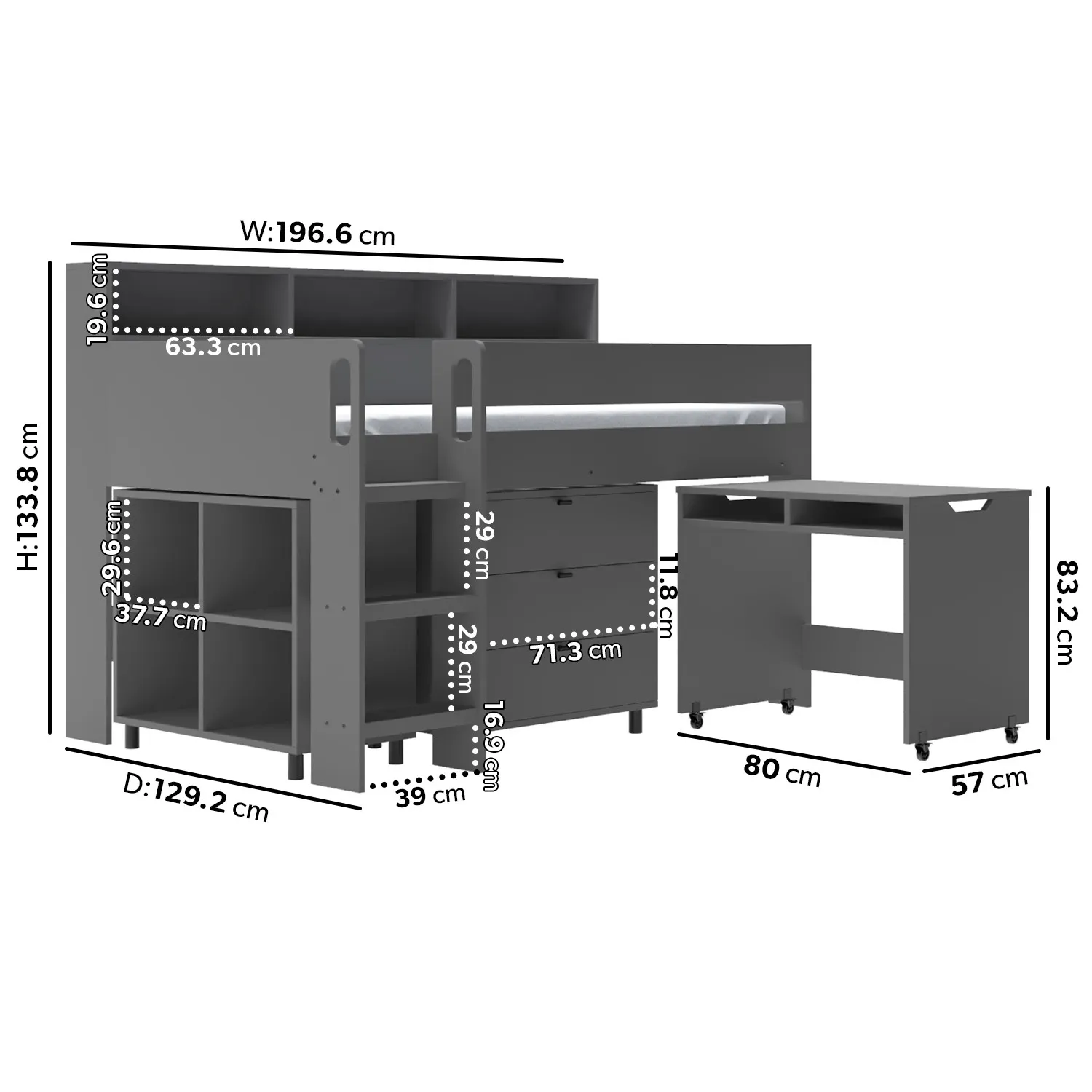 Mid Sleeper Cabin Bed with Desk - Grey, Wood