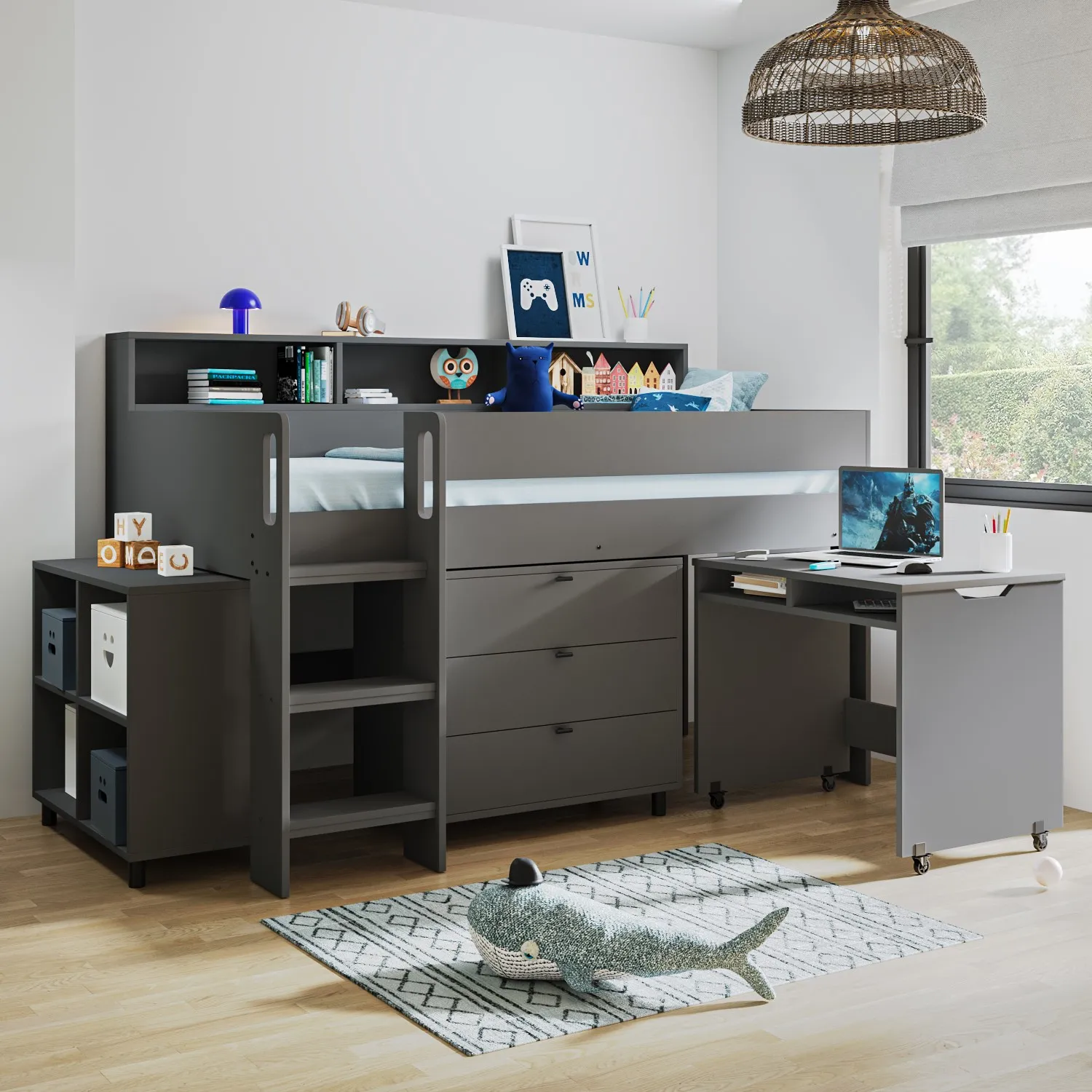 Mid Sleeper Cabin Bed with Desk - Grey, Wood