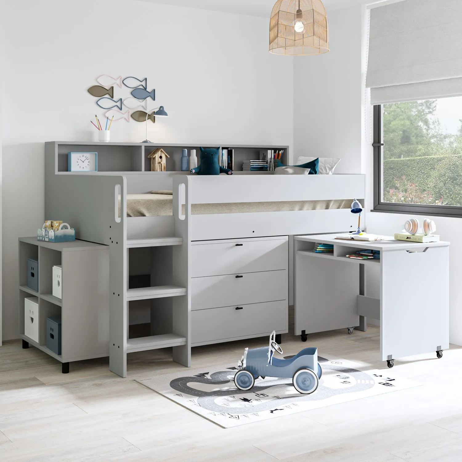 Mid Sleeper Cabin Bed with Desk - Grey, Wood image