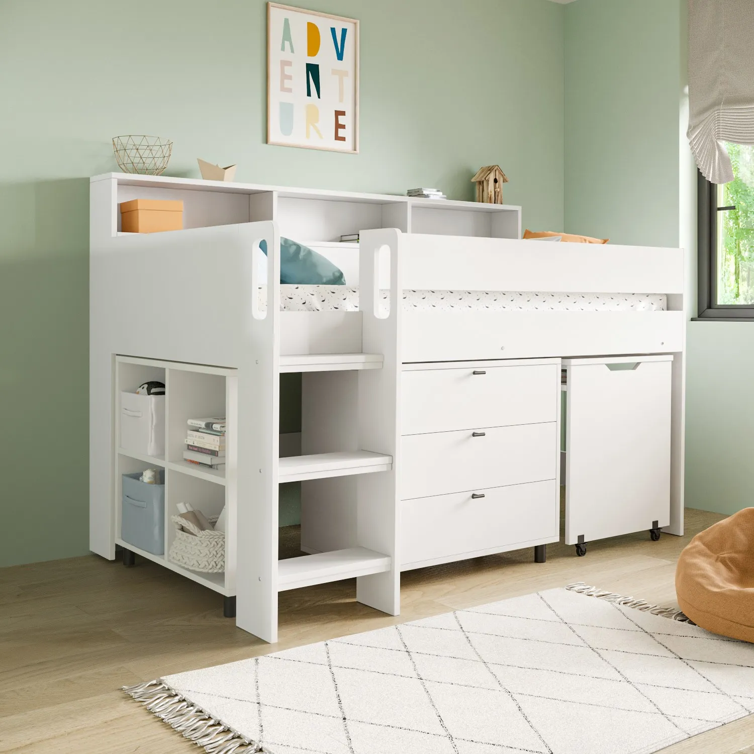 Mid Sleeper Cabin Bed with Desk - White, Wood