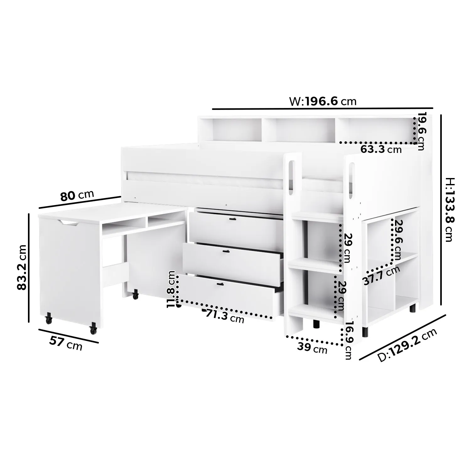 Mid Sleeper Cabin Bed with Desk - White, Wood