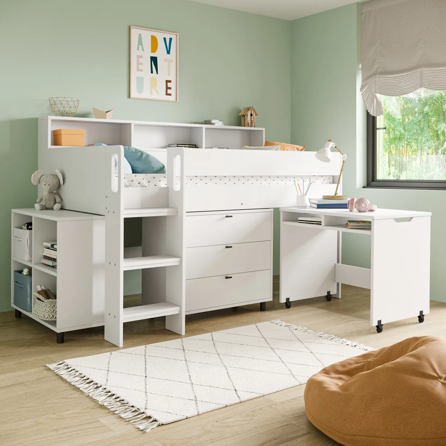 Mid Sleeper Cabin Bed with Desk - White, Wood