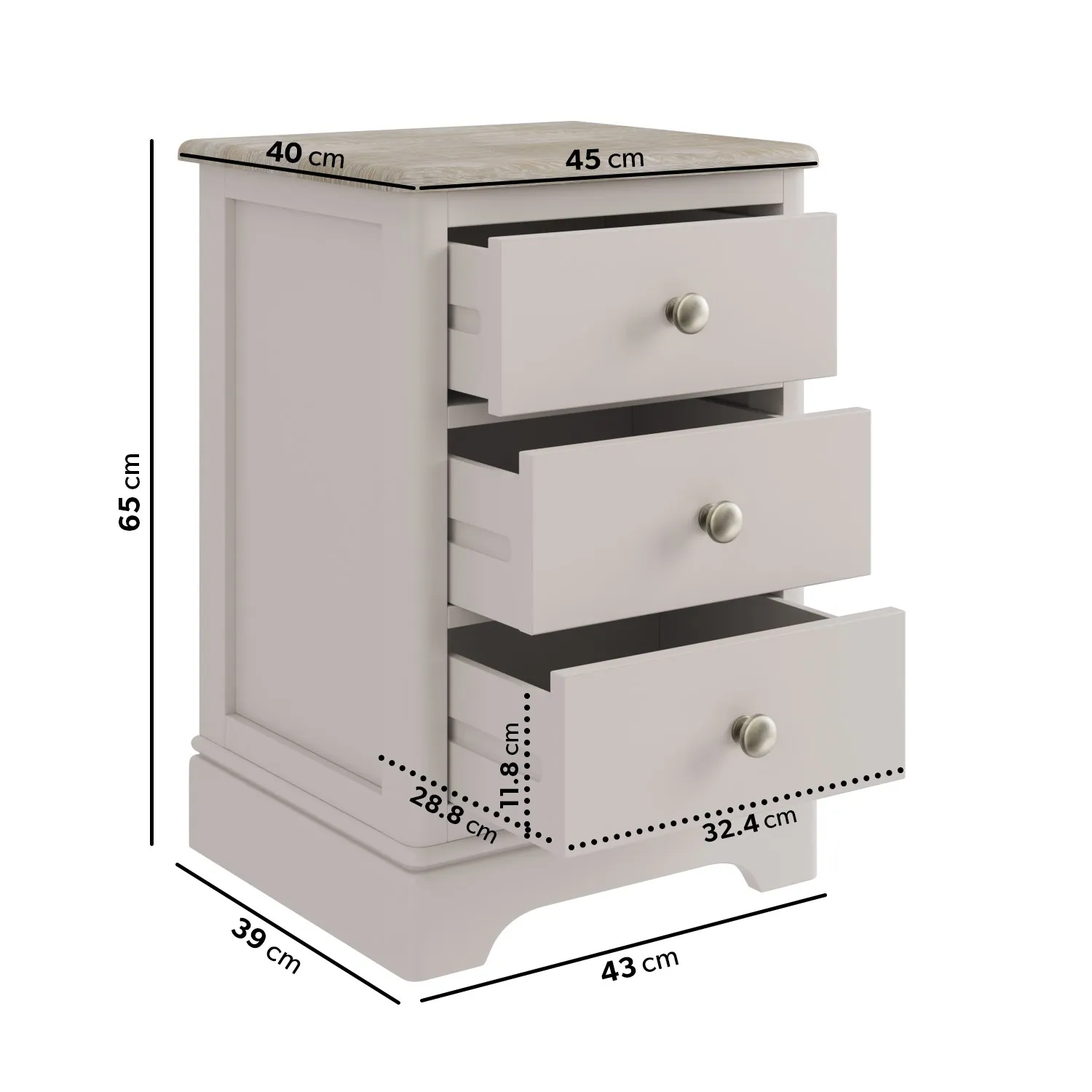 3-Drawer Bedside Table - Cream, Solid Oak