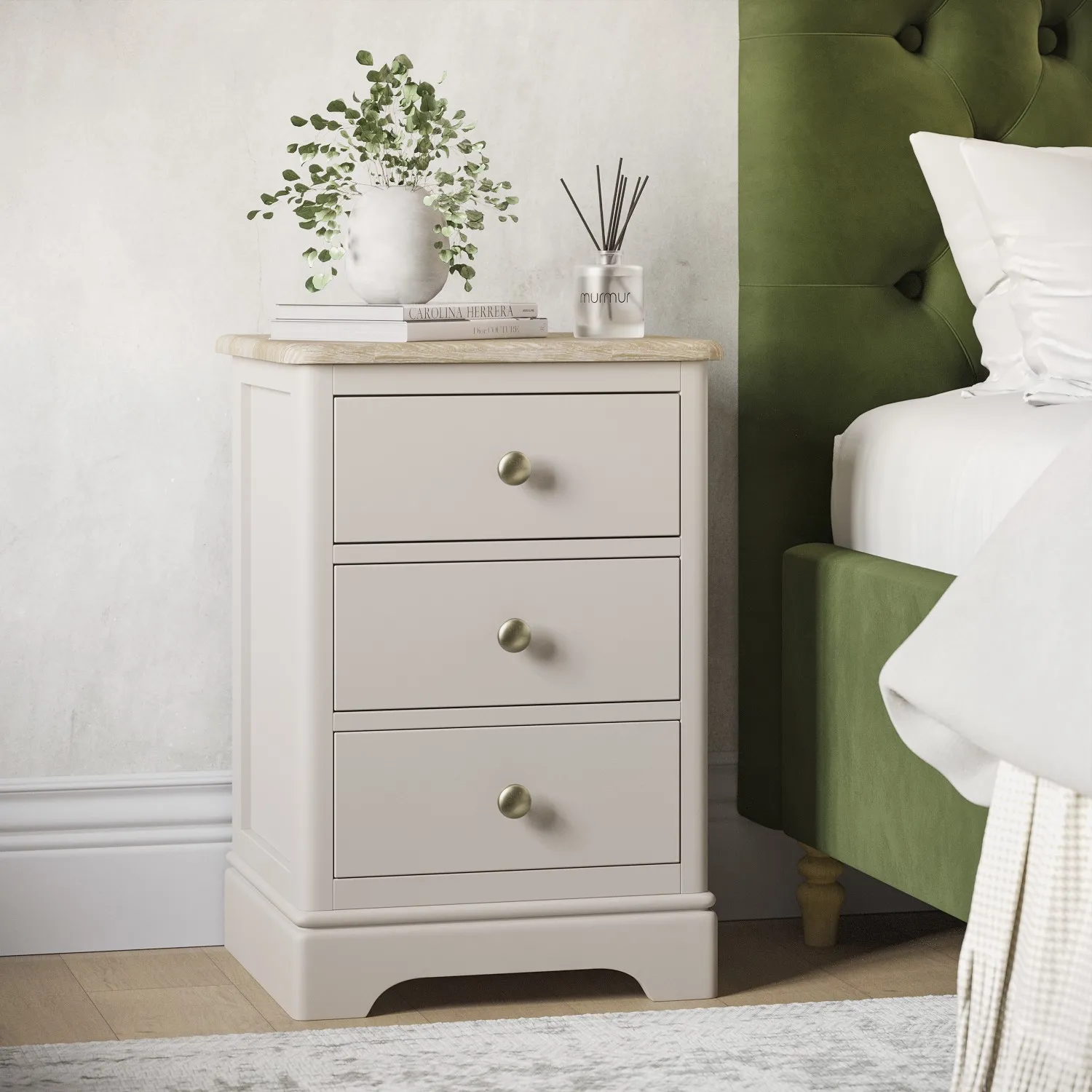 3-Drawer Bedside Table - Cream, Solid Oak image