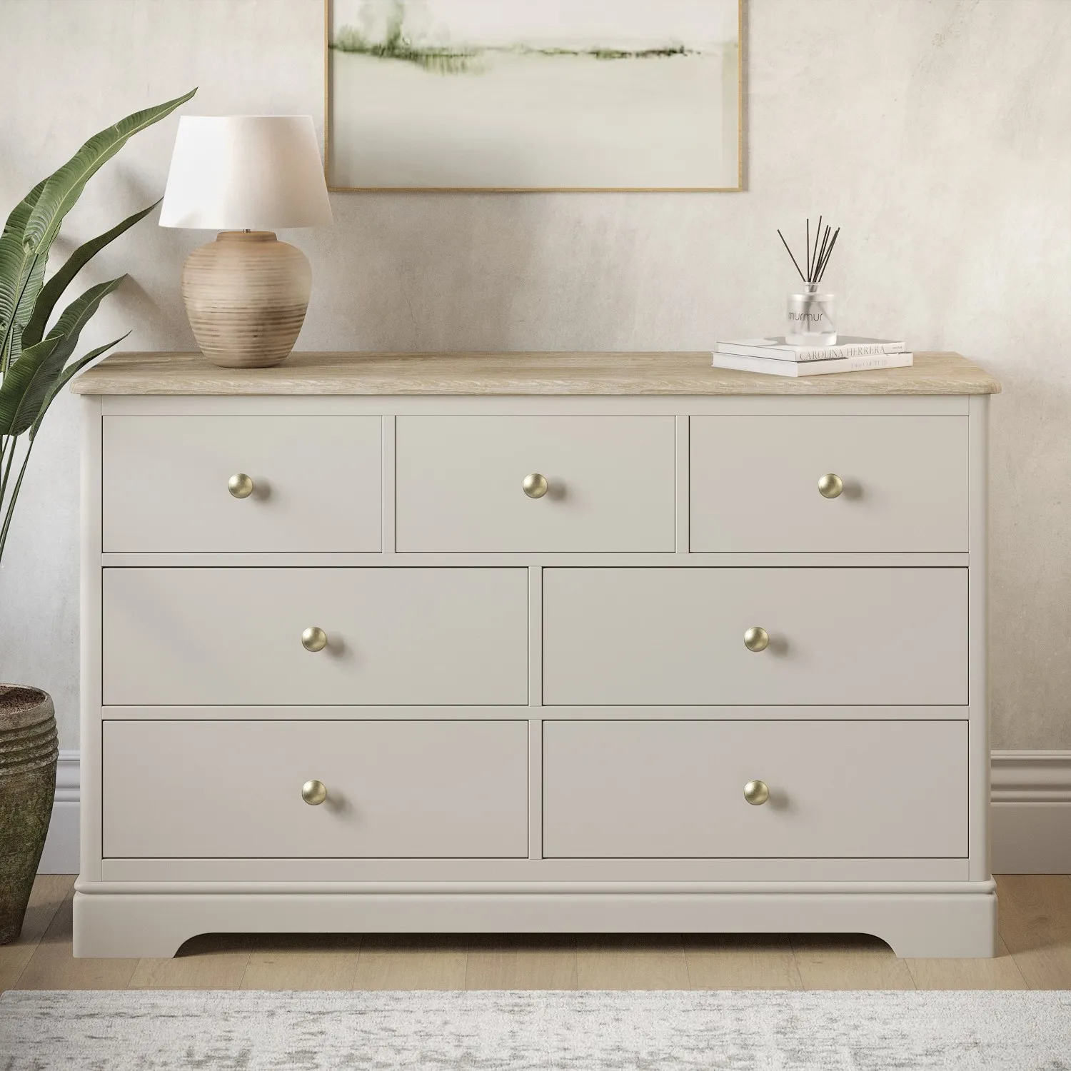 7-Drawer Chest with Oak Top - Cream, Wood image