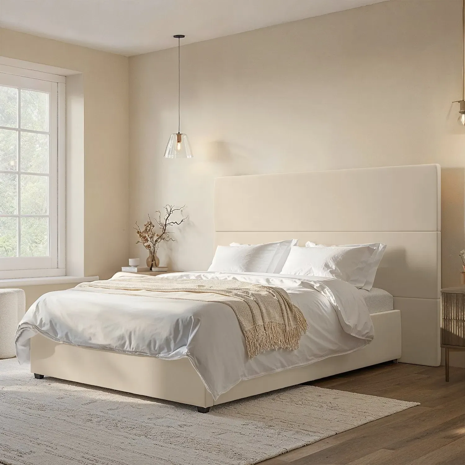 Double Ottoman Bed with Headboard - Beige, Velvet
