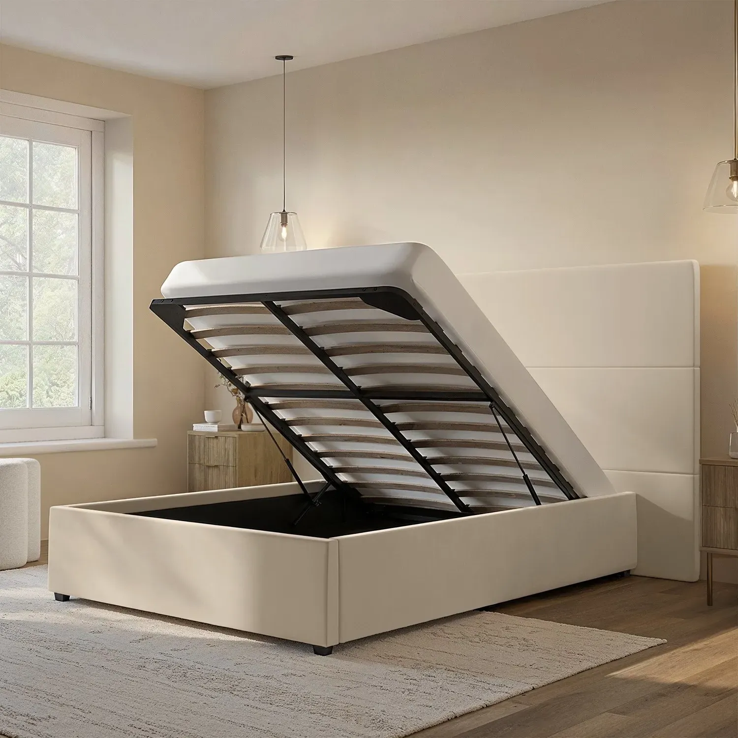 Double Ottoman Bed with Headboard - Beige, Velvet