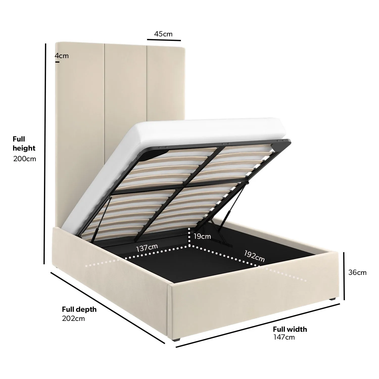 Double Ottoman Bed with Headboard - Beige, Velvet