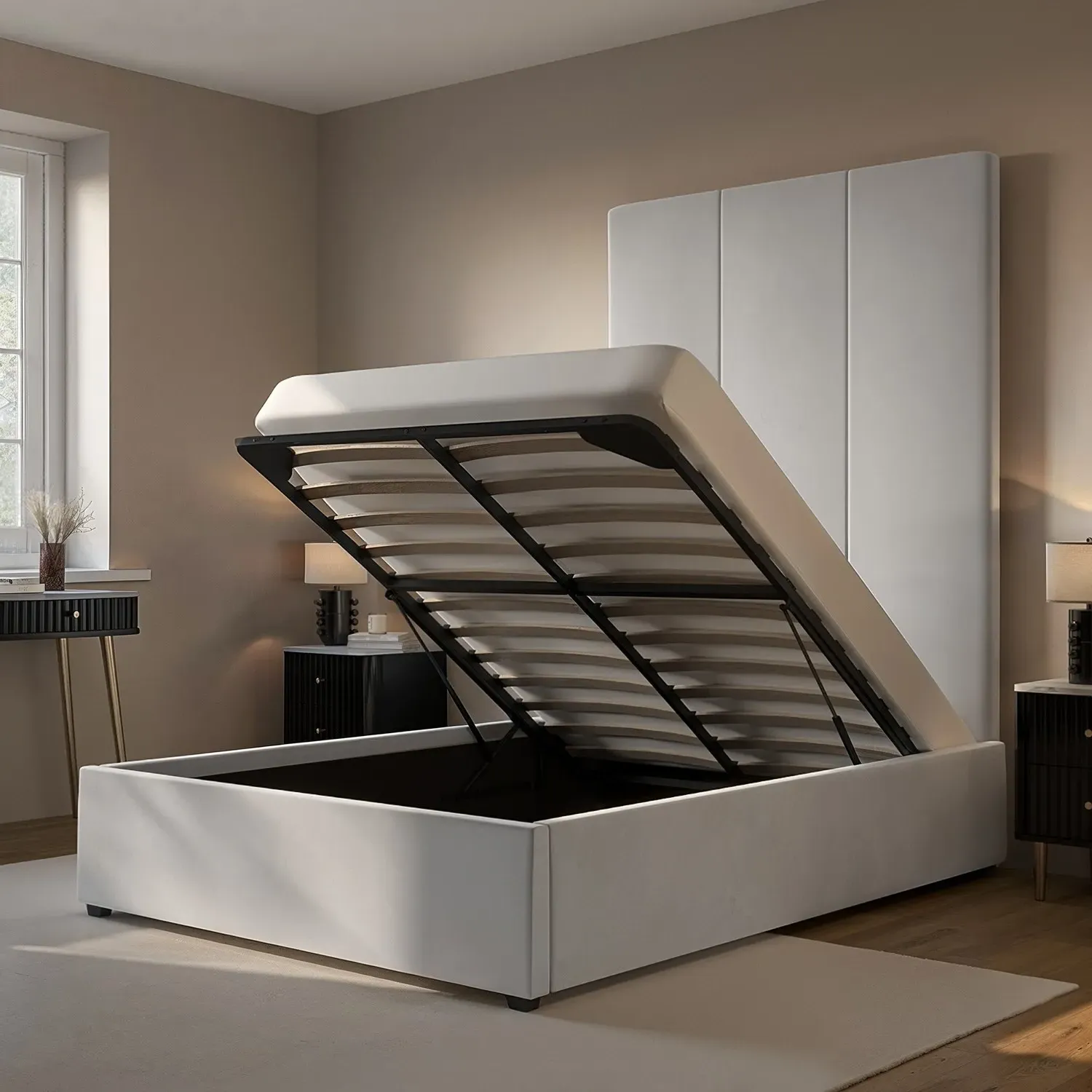 Double Ottoman Bed with Headboard - Grey, Velvet