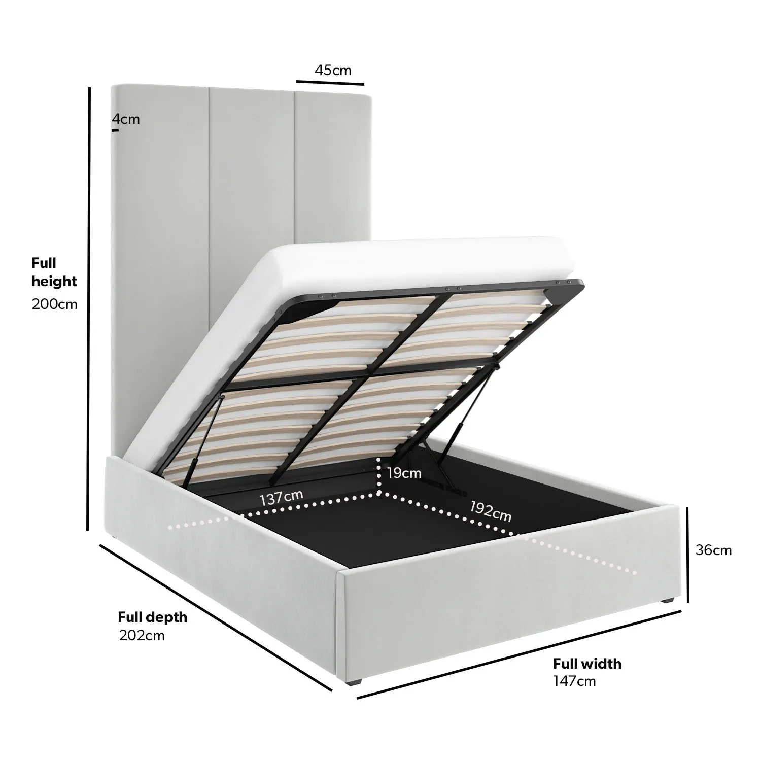 Double Ottoman Bed with Headboard - Grey, Velvet