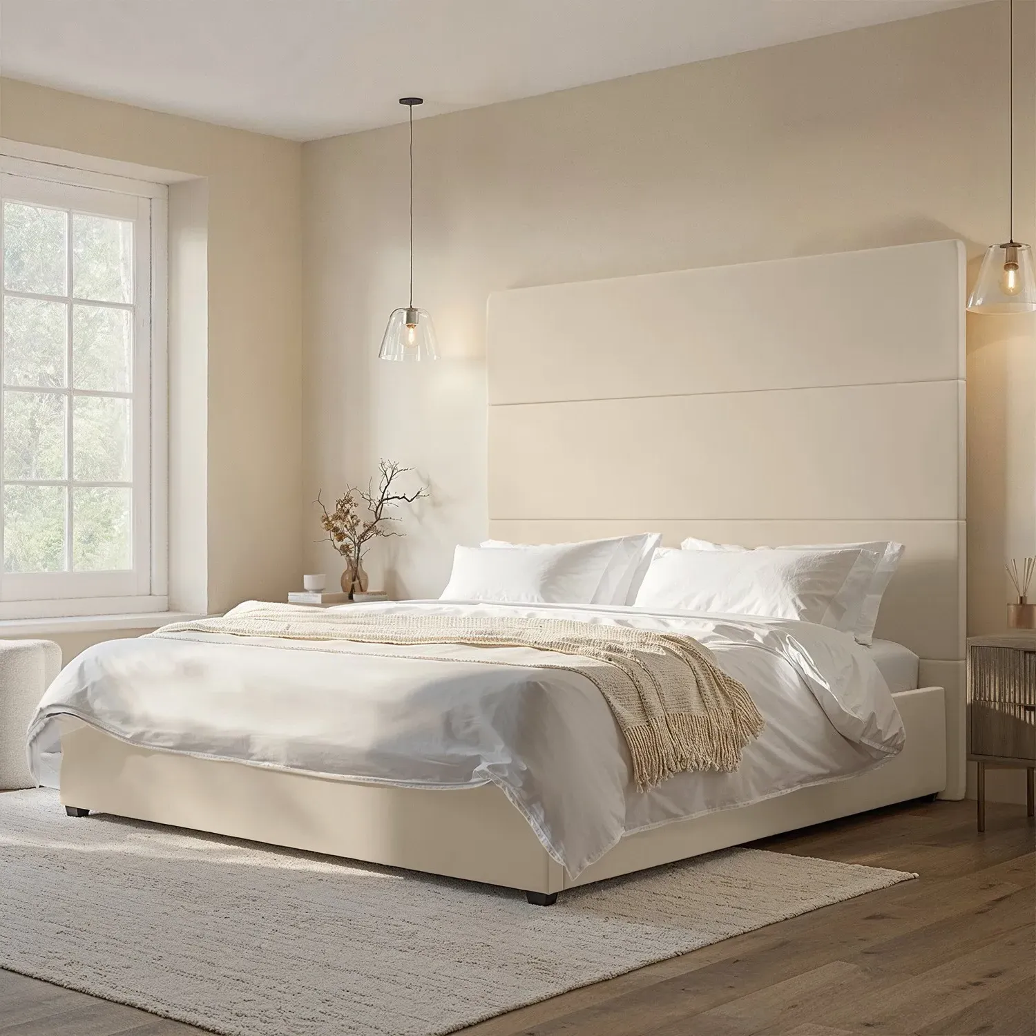 Super King Ottoman Bed with Headboard - Beige, Velvet