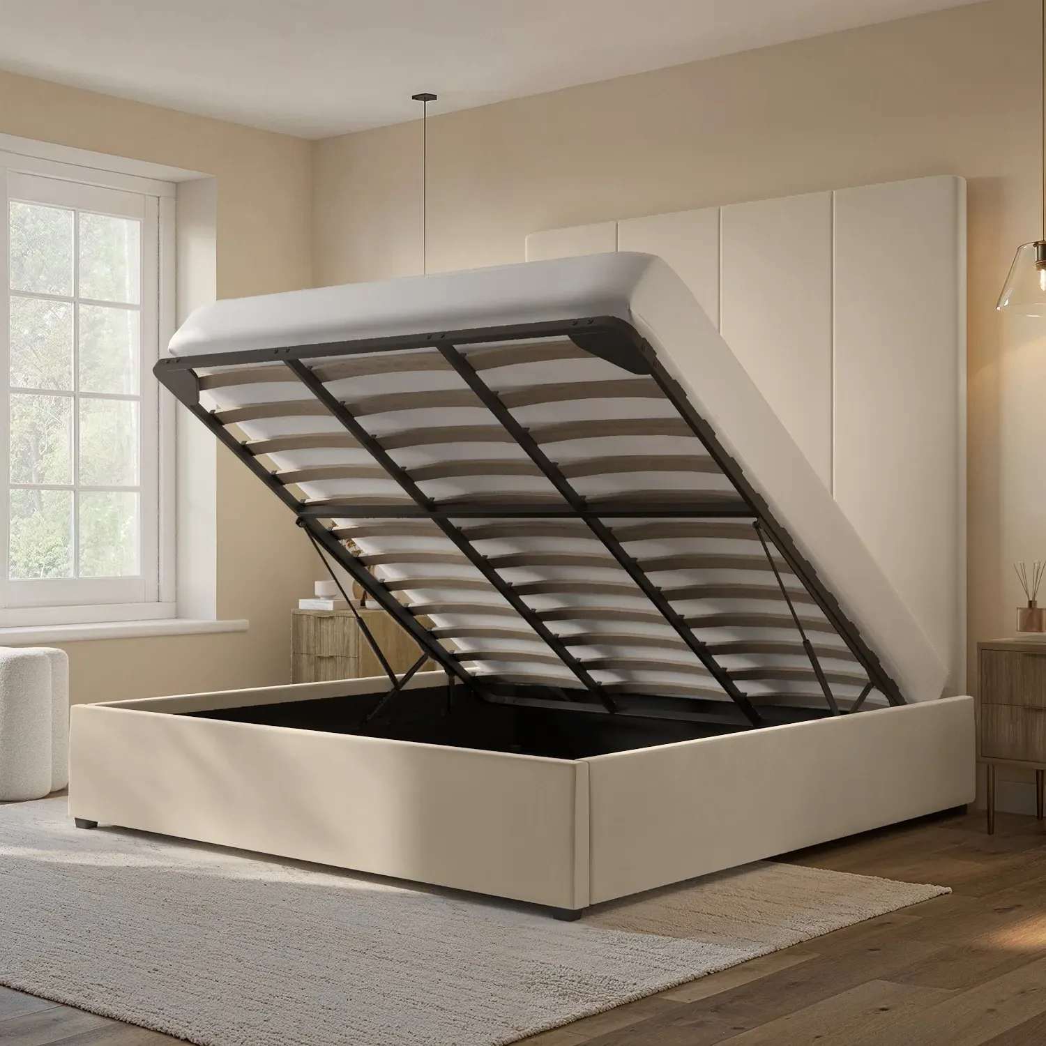 Super King Ottoman Bed with Headboard - Beige, Velvet