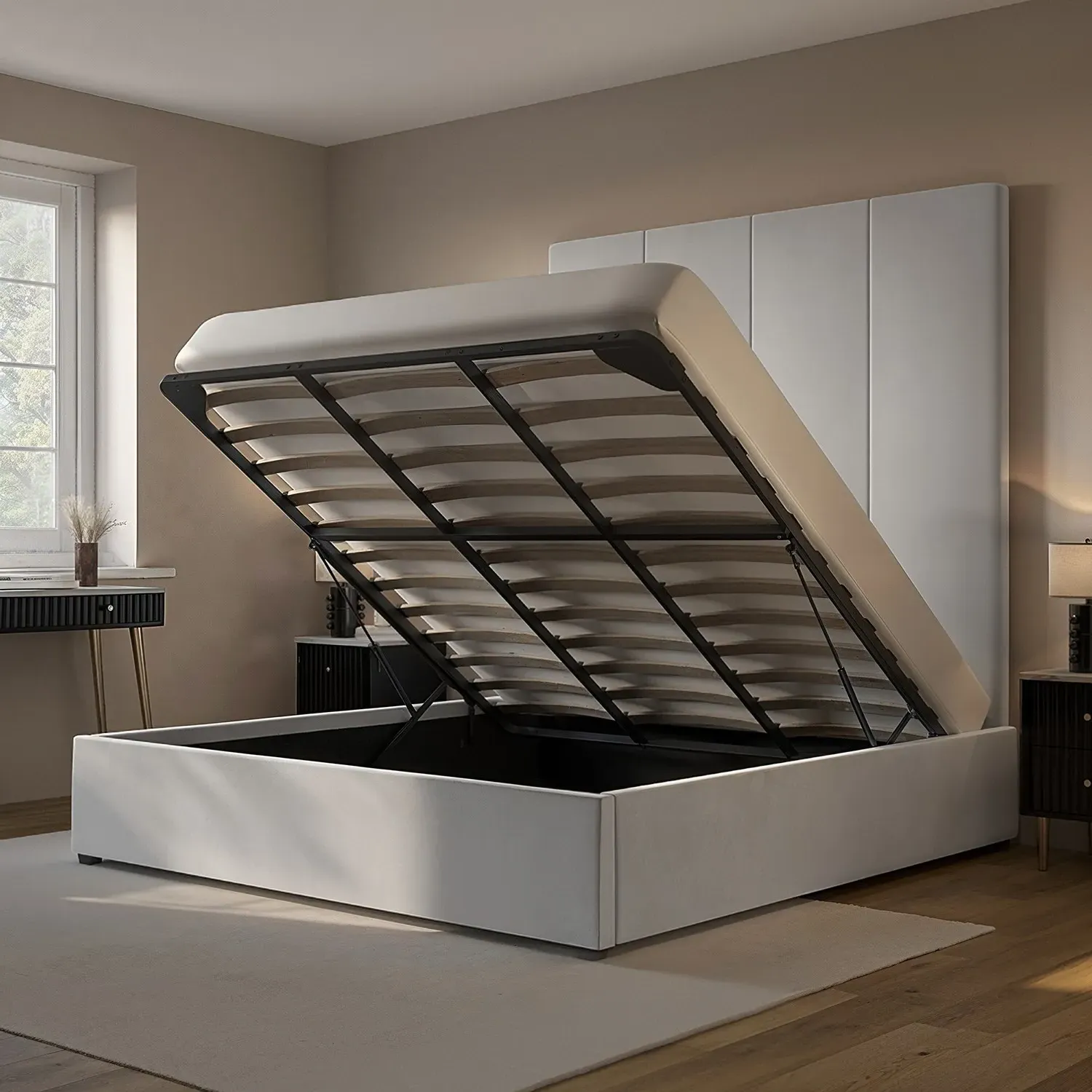 Super King Ottoman Bed with Headboard - Grey, Velvet