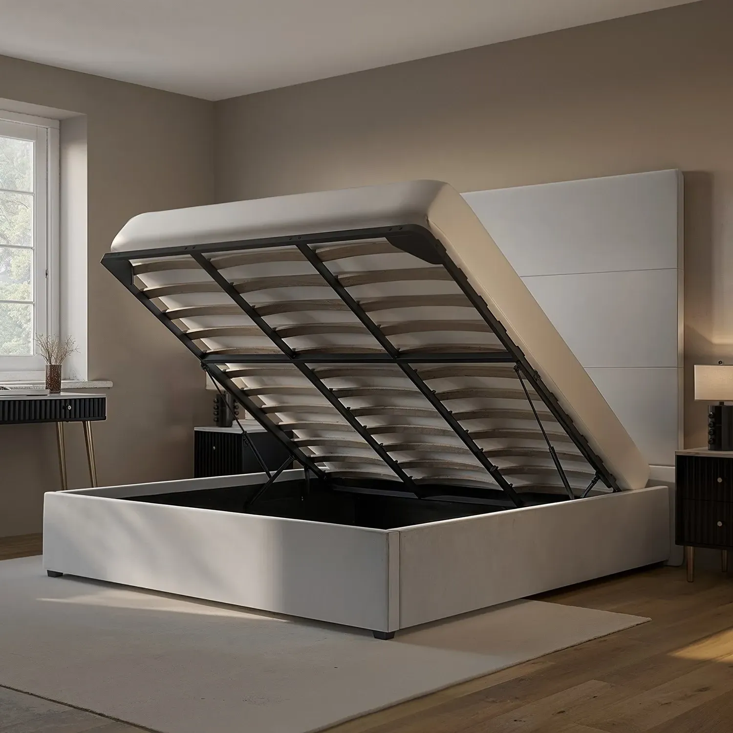 Super King Ottoman Bed with Headboard - Grey, Velvet