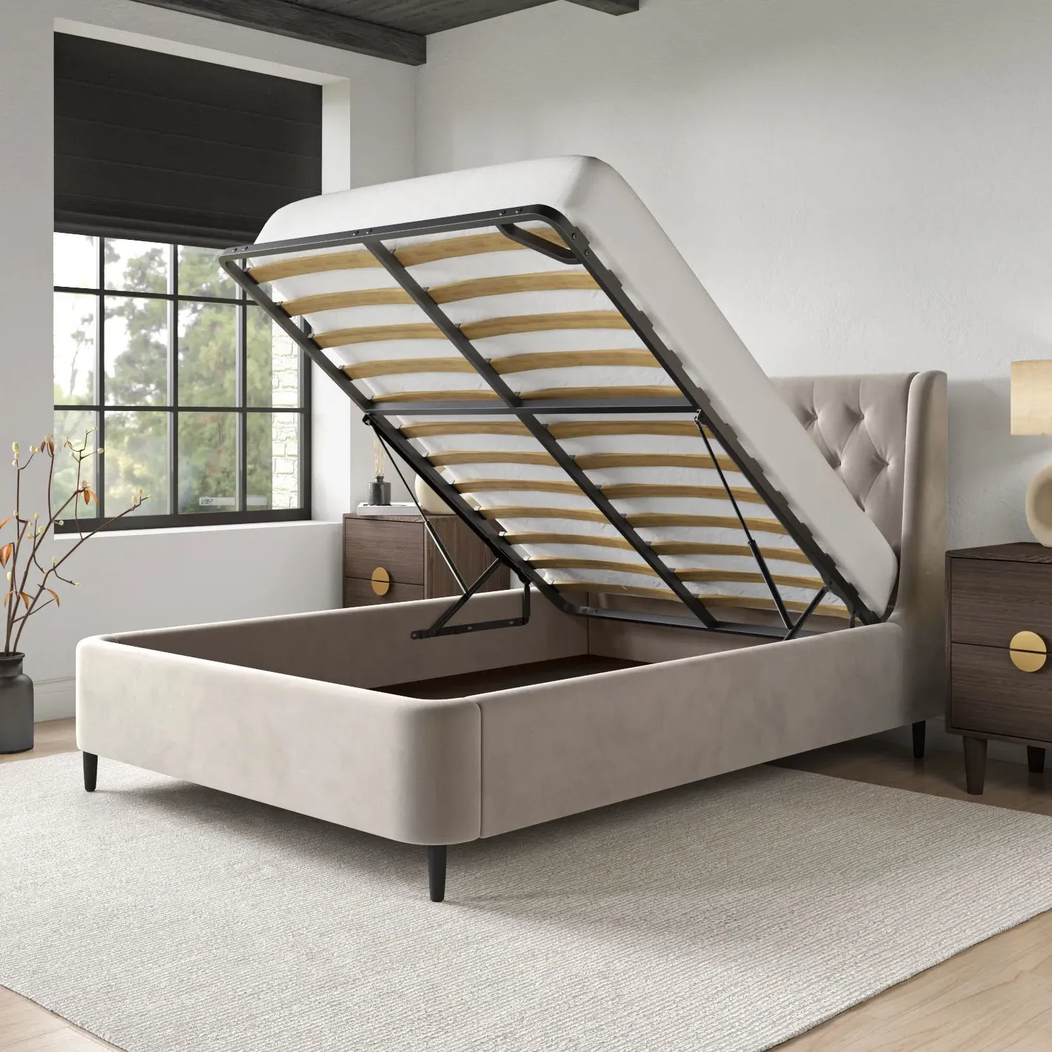 Double Ottoman Bed with Storage - Beige, Velvet