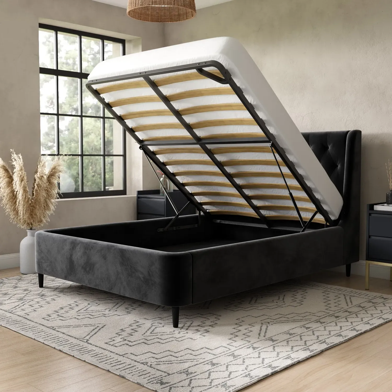 Double Ottoman Bed with Storage - Black, Velvet
