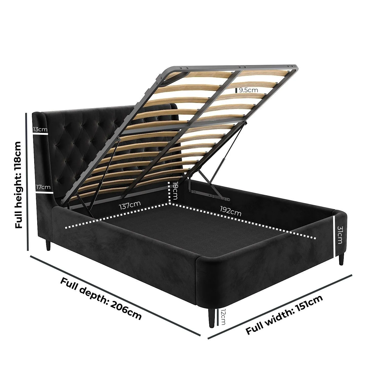 Double Ottoman Bed with Storage - Black, Velvet
