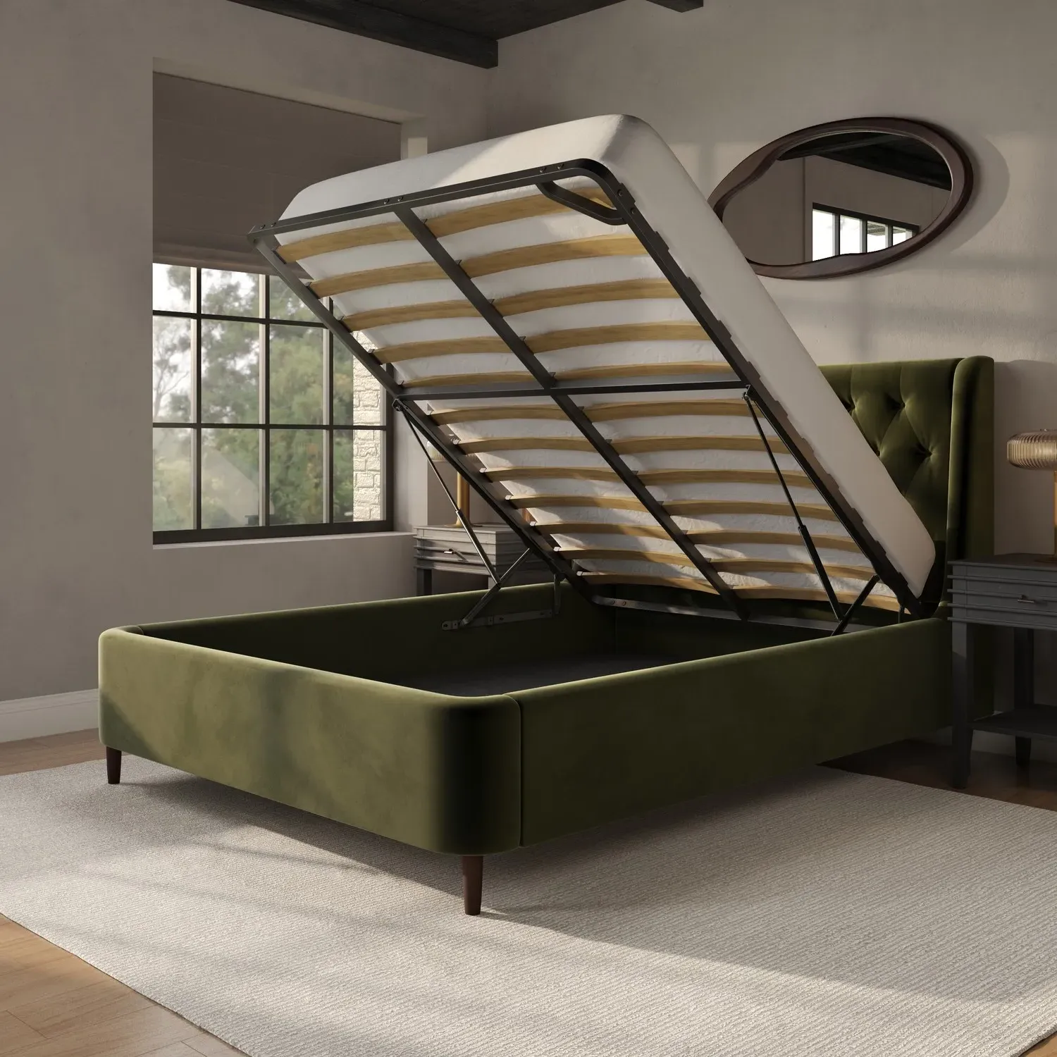 Double Ottoman Bed with Storage - Green, Velvet