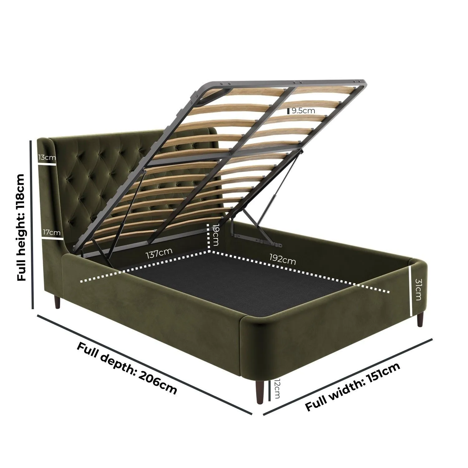 Double Ottoman Bed with Storage - Green, Velvet